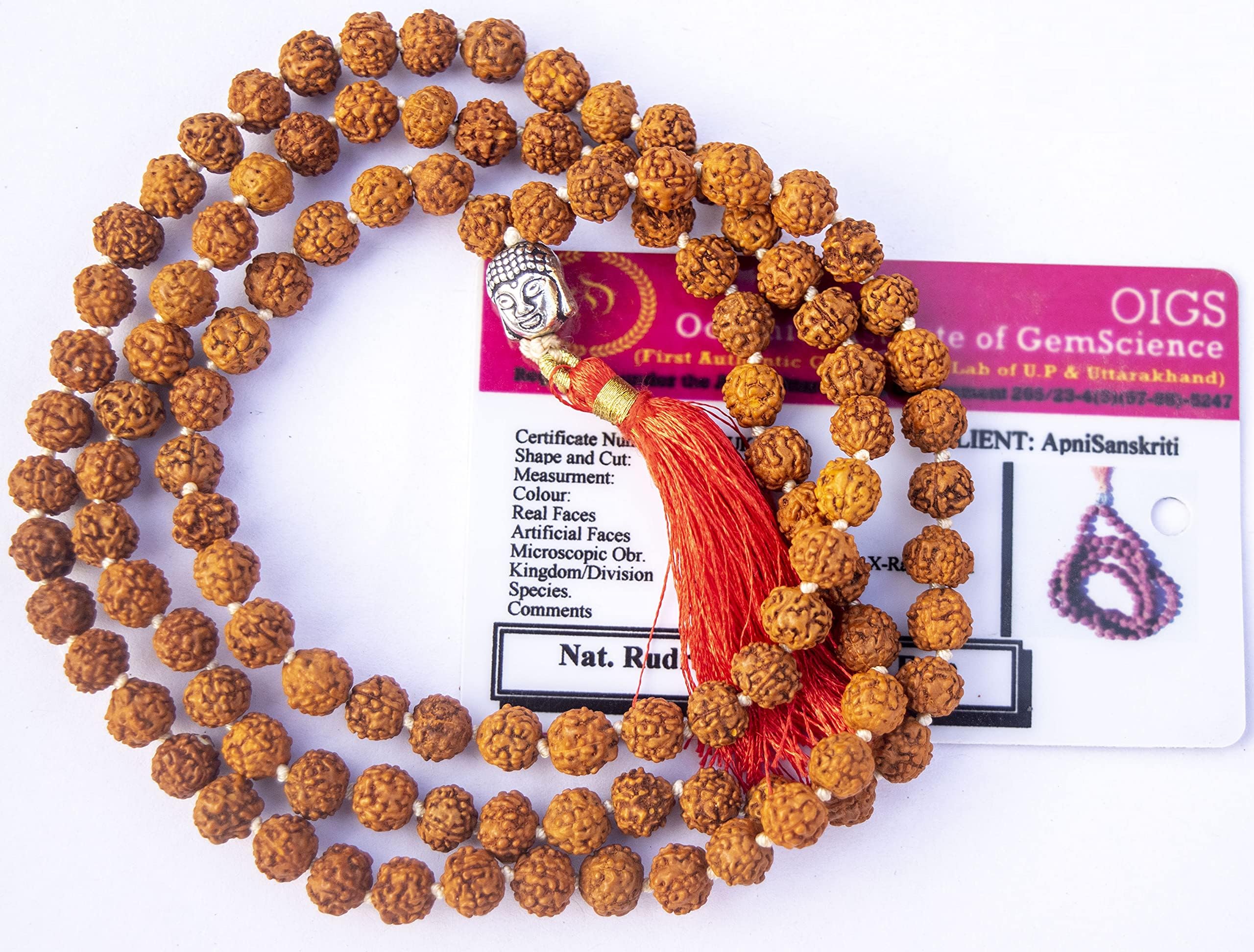 5 Mukhi Rudraksha Mala with Buddha Face for Jaap and Men/Women Wearing (Lab Certified, 7mm, Medium Bead Size, Chest Length, 108+1 Beads) - Natural Brown Rudraksh Beads - Pack of 1