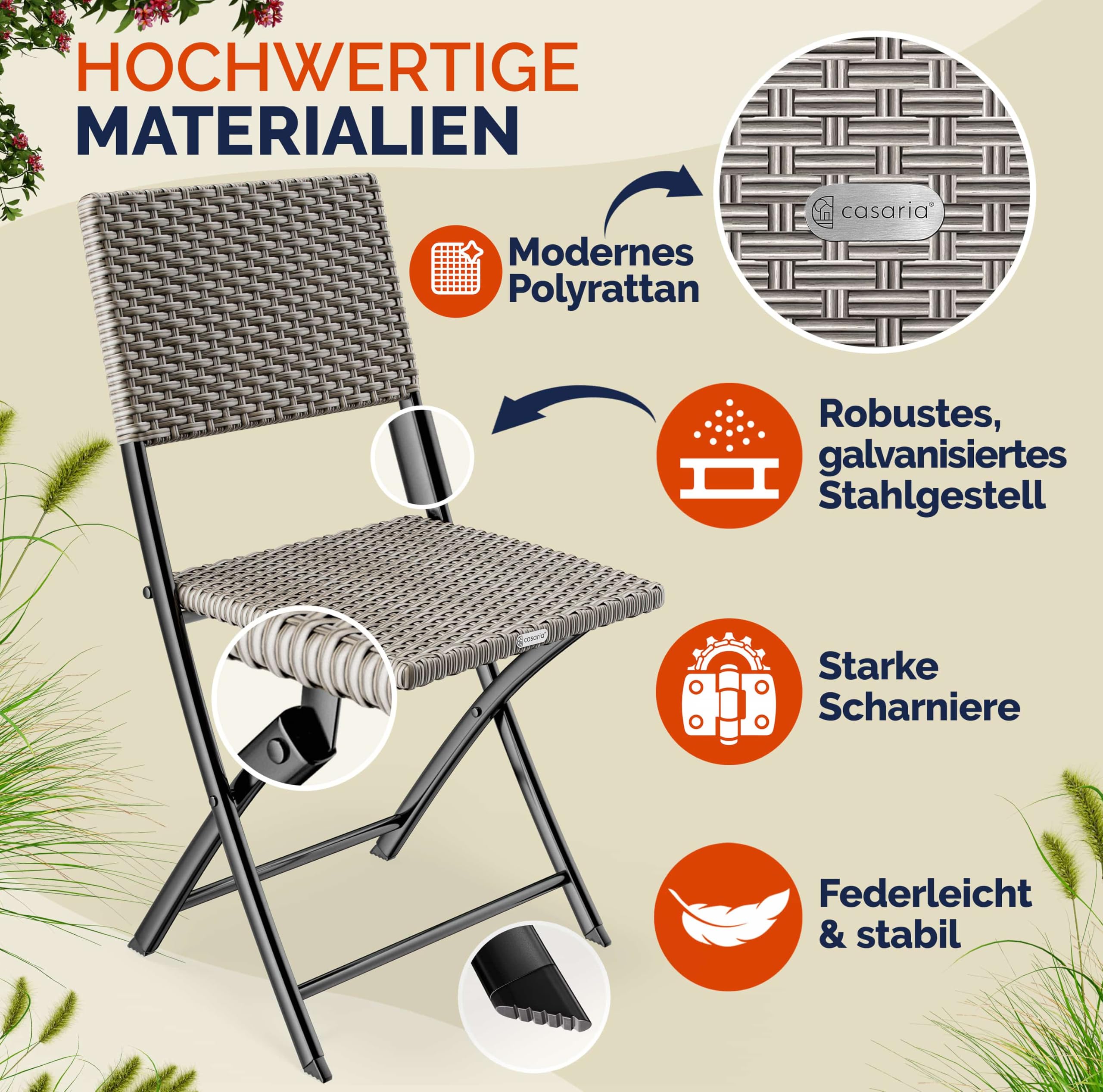 Casaria® Polyrattan Klappstuhl 2er Set Creme leicht faltbar bis 120kg belastbar tragbar wetterfest Stuhl Sessel Balkon Terrasse Garten Camping Stuhl Sessel