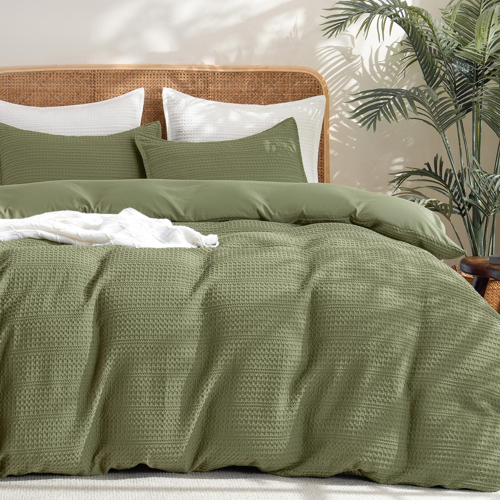 phf soft waffle duvet cover king size- luxury textured no snagging waffle weave comforter duvet cover(104"x90") with 2 pillow shams, 3 pieces breathable bedding set for all season, olive green