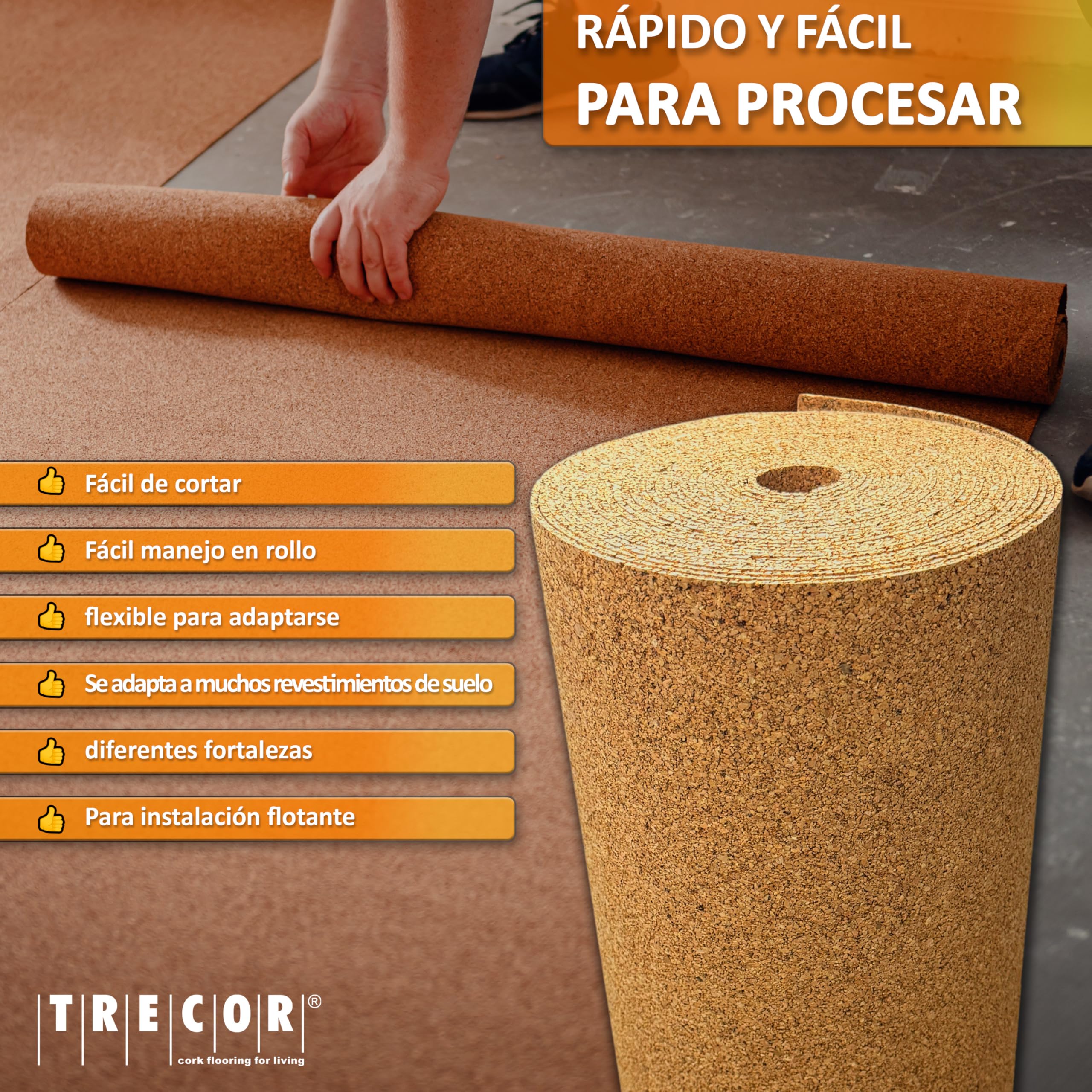 Base de corcho TRECOR aislante del ruido de impacto - 4 mm de espesor - Para suelos laminados y de parquet - Compra (20 m²)