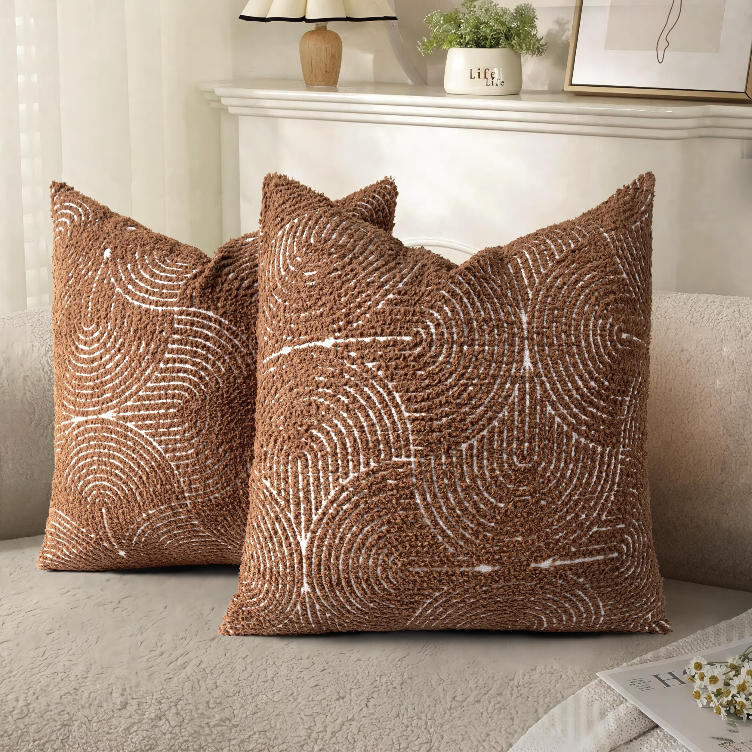 AELS Boho Decorative Textured Throw Pillow Covers 18x18, Organic Modern Mid Century Rainbow Tufted Pillow Case, Farmhouse Rustic Geometric Woven Cushion Case for Bed Couch Sofa, Burnt Orange
