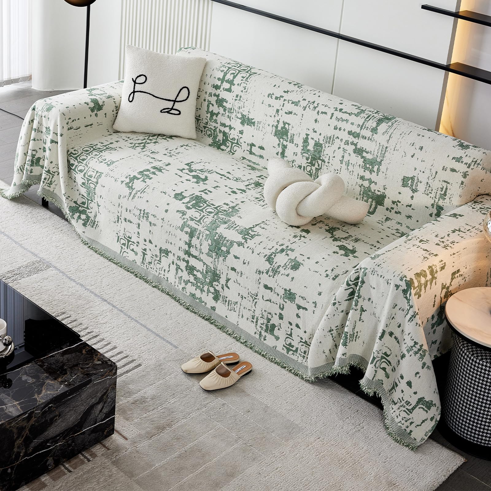 Vanderhome Green Soft Throws, Chenille Sofa Throw Blanket With Tassels, Versatile Blanket, Reversible Classic Style Throw Blanket For Sofa, Armchair Beds 180 * 420Cm