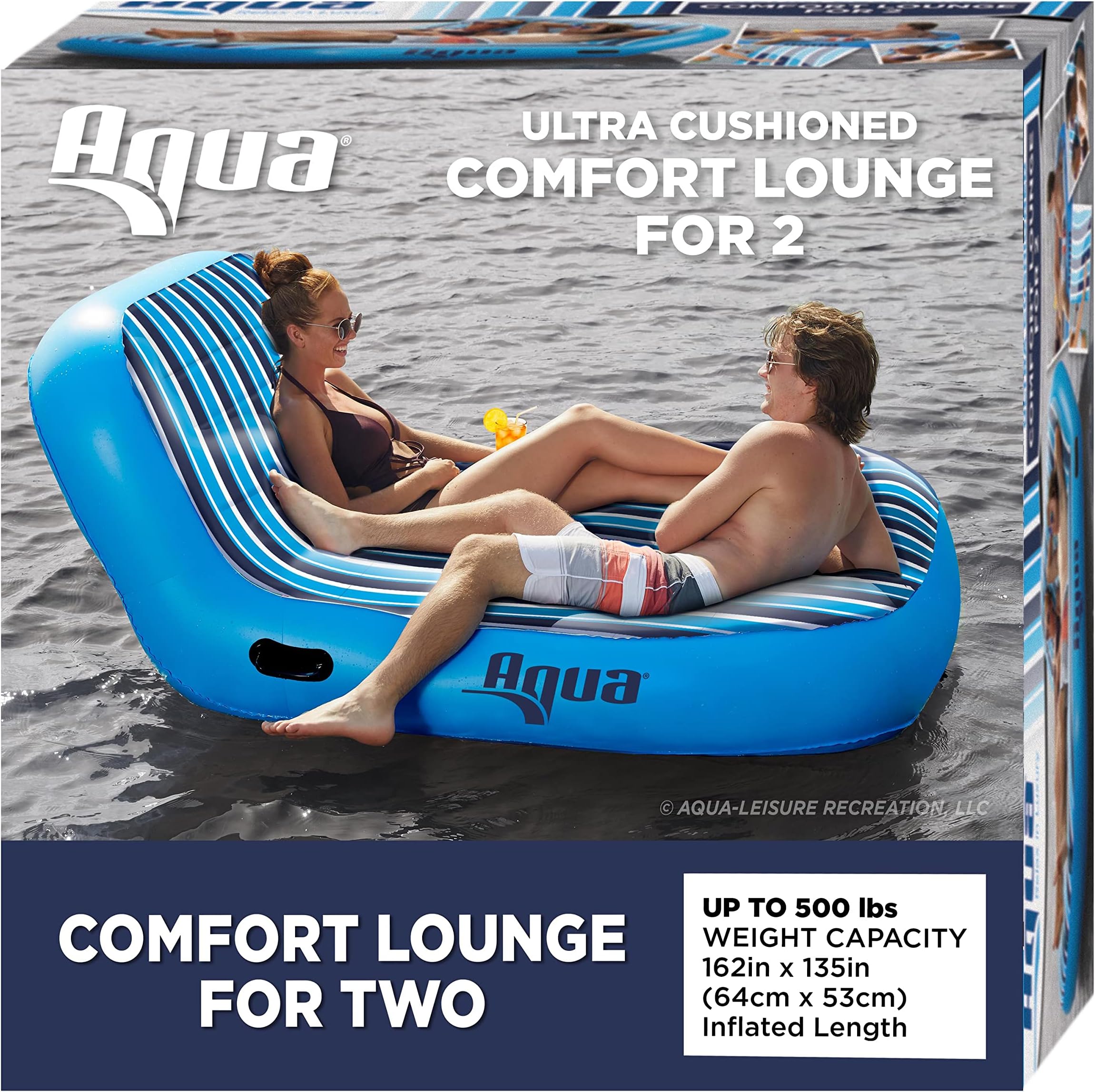 Aqua Ultimate Comfort Pool Lounger, Lake Raft, Two 2-Person Lake-Ocean-Pool Float, Heavy Duty, X-Large, Navy/White Stripe, 64ââ‚¬Â x 53ââ‚¬Â (162 cm x 135 cm)