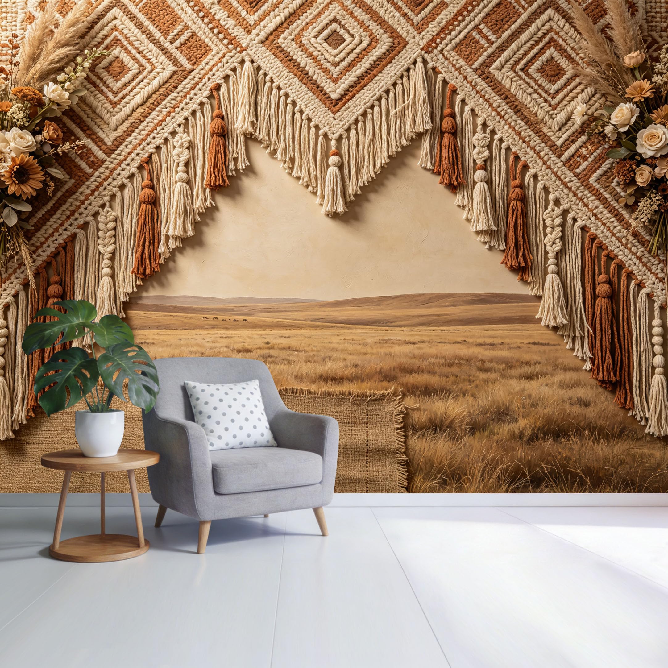 Custom Size Wall Mural Boho Farmhouse Woven Tassel Pattern with Sunflower Rustic Landscape SelfAdhesive Wall Fabric Removable Wallpaper for Home Office Decor