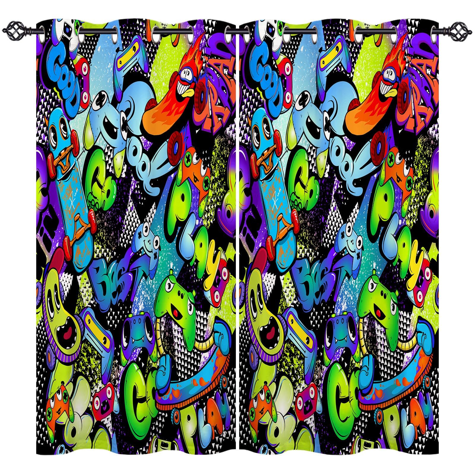 ANHOPE Abstract Curtains Eyelet Ring Top Soft Thermal Insulated Blackout Curtains Graffiti Gamepad Skateboard Print Pattern Decorative Window Drapes for Bedroom Living Room 46 x 63 Inch 2 Panels — image 1