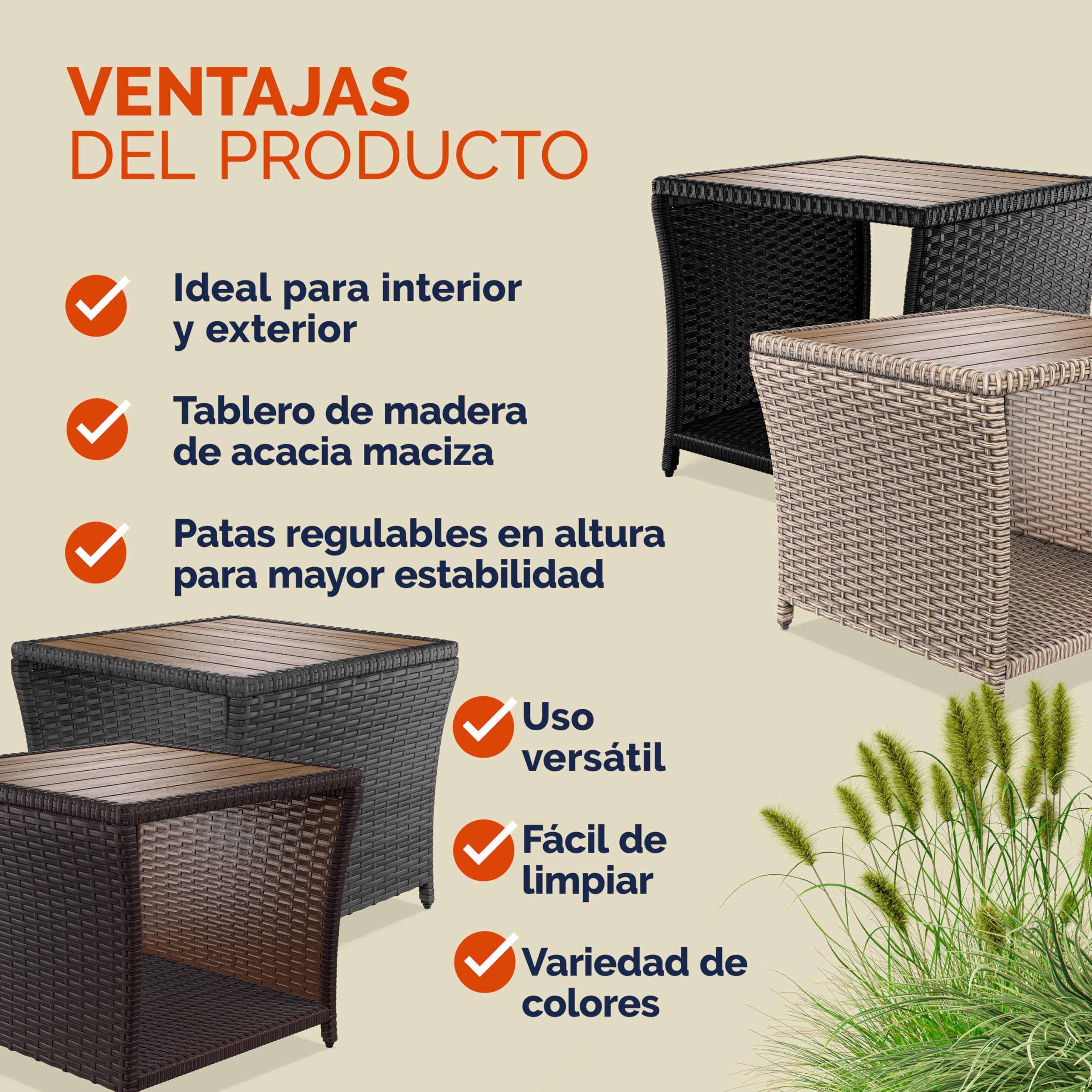 CASARIA® Mesa Auxiliar Jardín 45x45x40cm Poliratán Tablero Madera Acacia Mesa Exterior Balcón Carga 80kg Resistente Intemperie Marrón