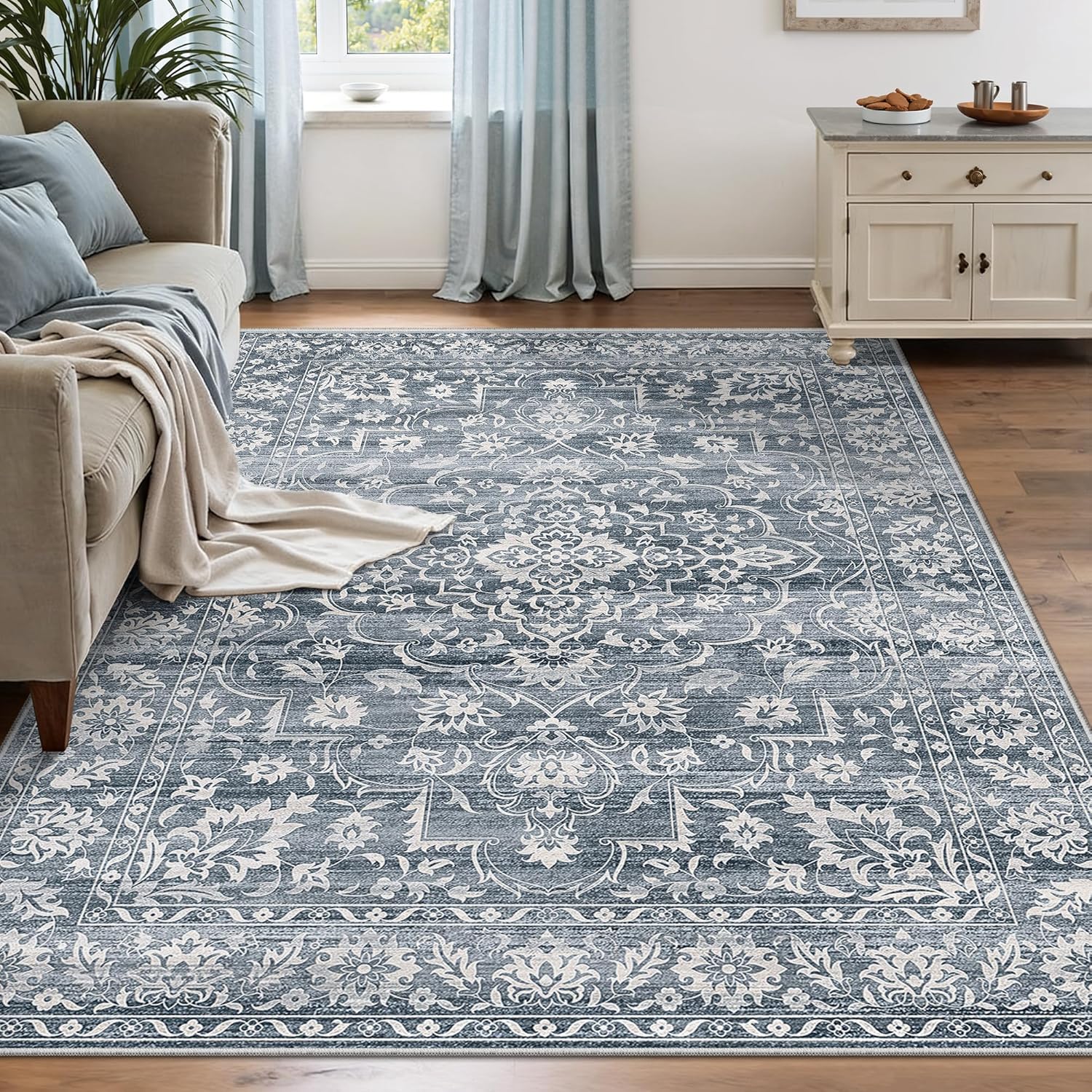 Area Rugs 5x7 for Living Room, Floral Washable Rugs for Dining Room, Bedroom, Kitchen, Vintage Non-Slip Thin Area Rug(Blue, 5'x7') Blue 5' x 7' (Rectangular)