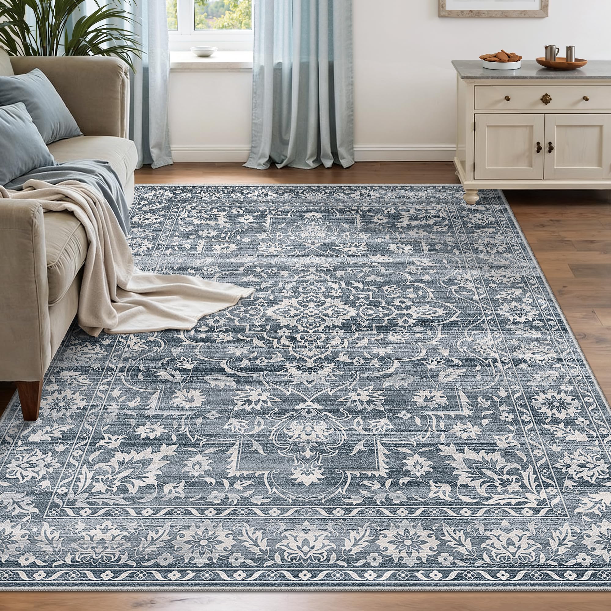 Soalmost 5x7 Area Rugs for Living Room, Washable Vintage Floral Non-Slip Low Pile Natural Rug Soft Throw Carpet for Dining Room Bedroom Home Office