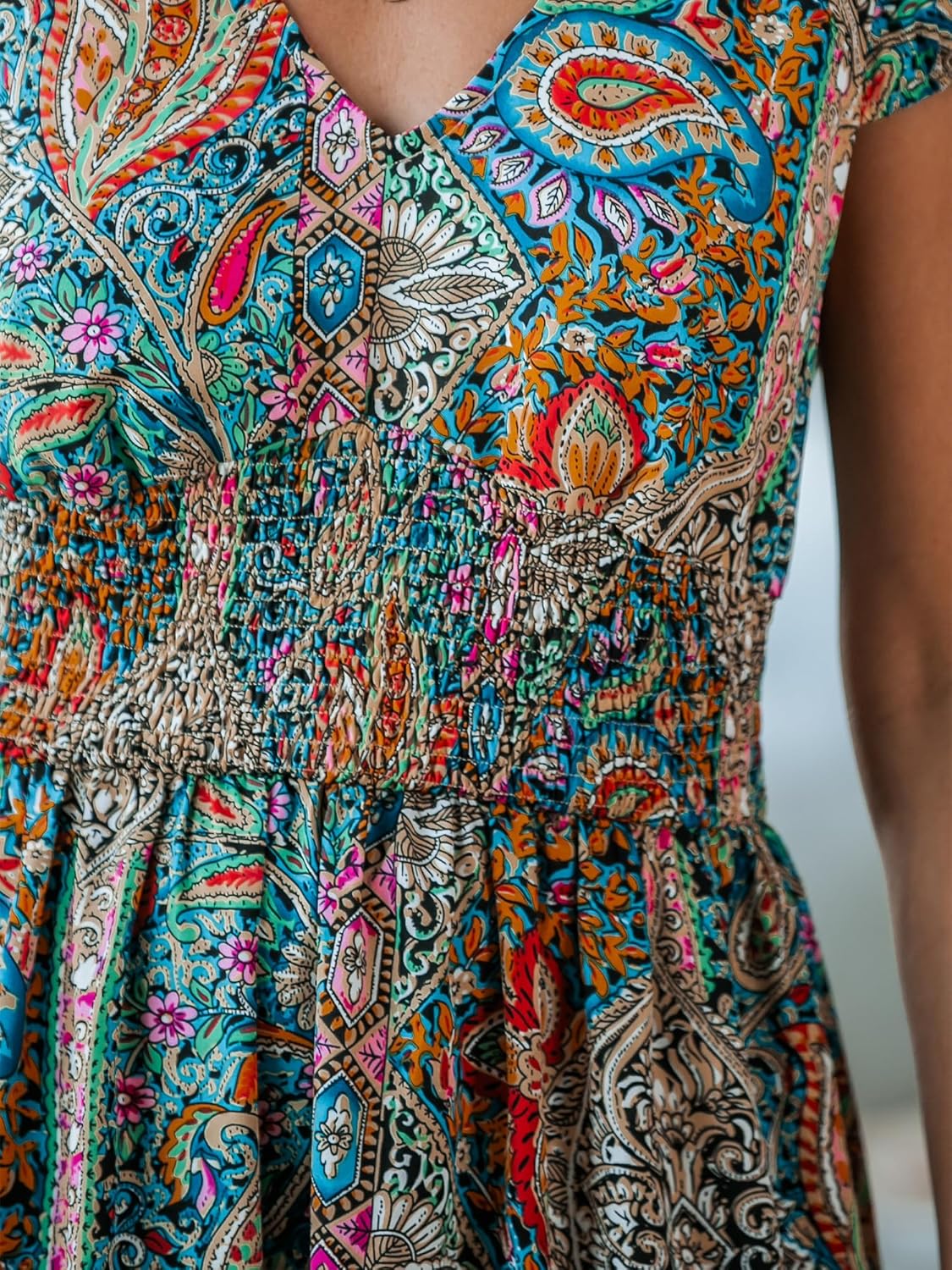 CUPSHE Women's Boho Paisley Maxi Dress V Neck Cap Sleeve Smocked Ruffled A Line Long Summer Dresses - Image 6