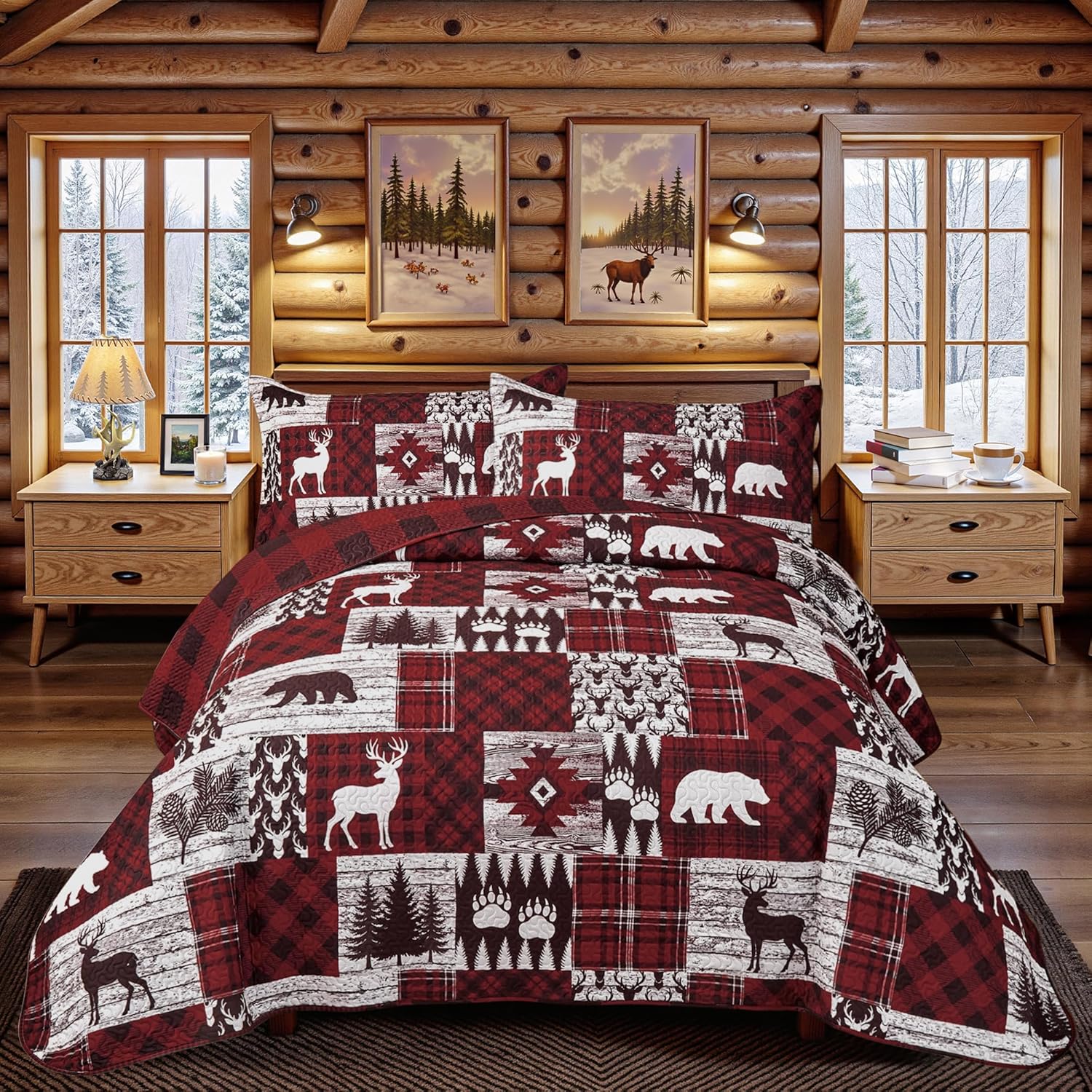 Tritard Rustic Cabin King Quilt Set 3-Piece Reversible Microfiber Bedding with Shams, Farmhouse Bear Pattern All-Season Lightweight 106x96 Red