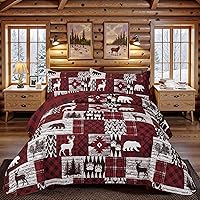Tritard Rustic Cabin King Quilt Set 3-Piece Reversible Microfiber Bedding with Shams, Farmhouse Bear Pattern All-Season Lightweight 106x96 Red