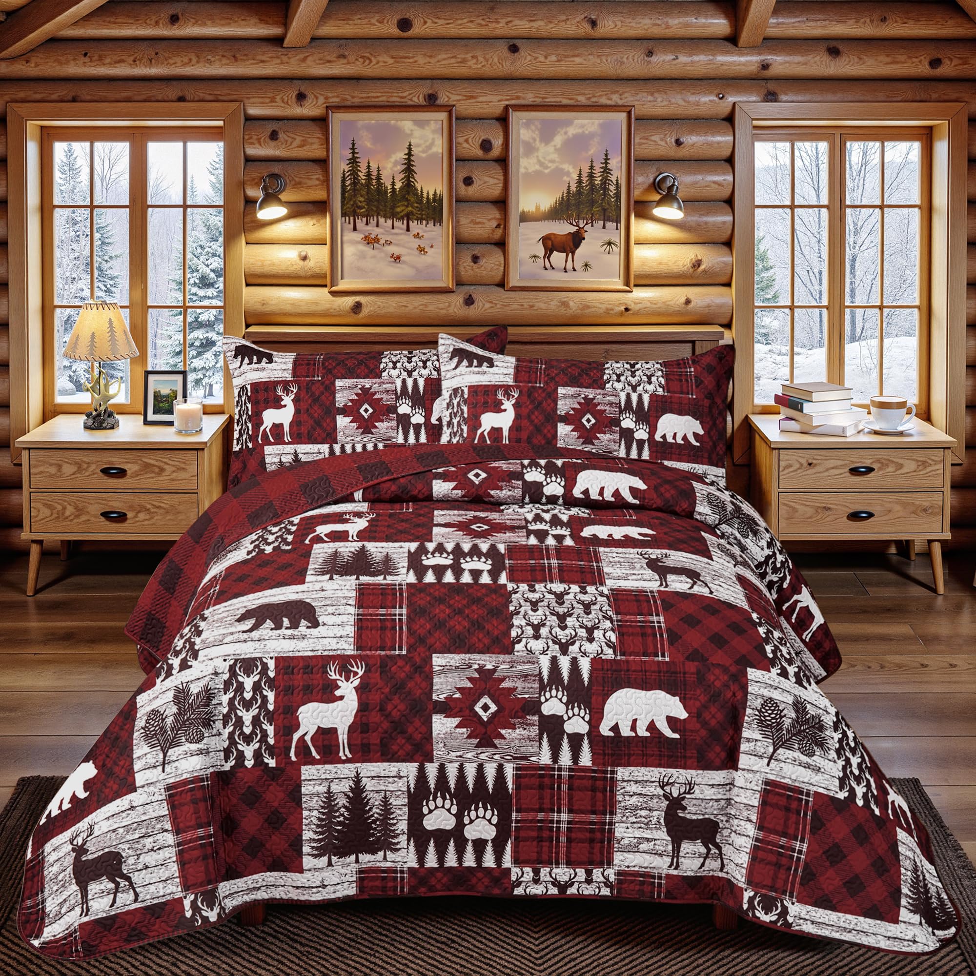 Tritard 3 Piece Christmas Plaid Quilt Sets Queen Size Bedding Set, Red Bear
