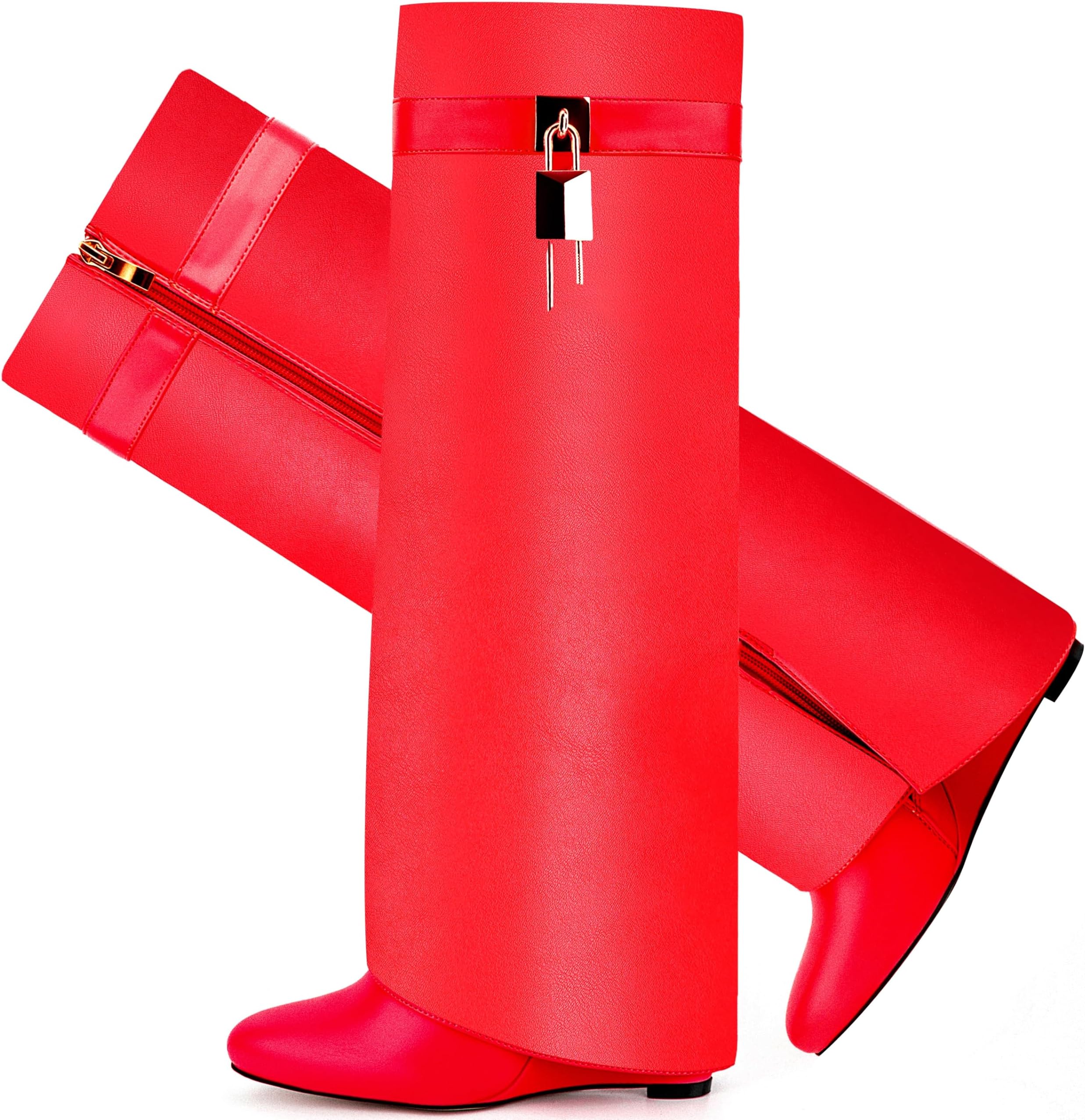 Fold Over Boots for Women Pointy Pull-on Wedge Heel Knee Shark Boot With Side Zipper Padlock Design