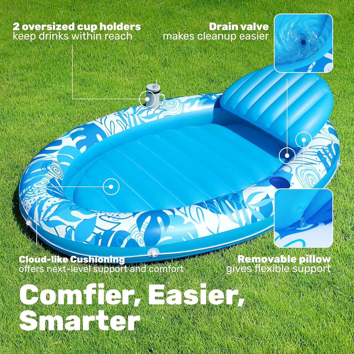 SLOOSH Inflatable Tanning Pool Lounger Float, 70" x 50" Pool Floats Adult with Pillow, 4 in 1 Oval Suntan Tub Raft Floatie,Sunbathing Bed Lounge for Water Blow Up Ball Pit Party Gifts