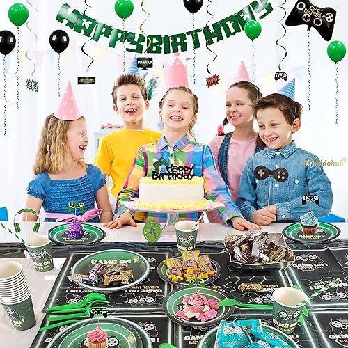 Miniatura 7 de Suministros para fiesta de cumpleaños de videojuegos 2 juegos en 1 decoraciones de videojuegos y vajilla de fiesta, cubierta de mesa, pancarta de