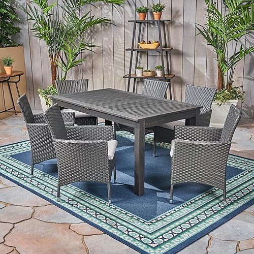 Nadia Outdoor 7 Piece Wood and Wicker Expandable Dining Set,