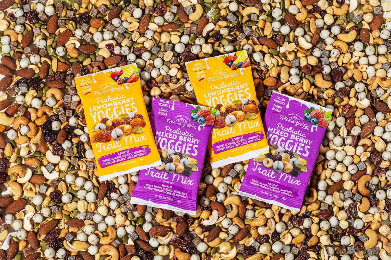 Nature's Garden Probiotic Yoggies Trail Mix Multipack, 18oz (18 individual servings), Yoggies Mixed Berry Trail Mix & Yoggies Lemonberry Trail Mix)