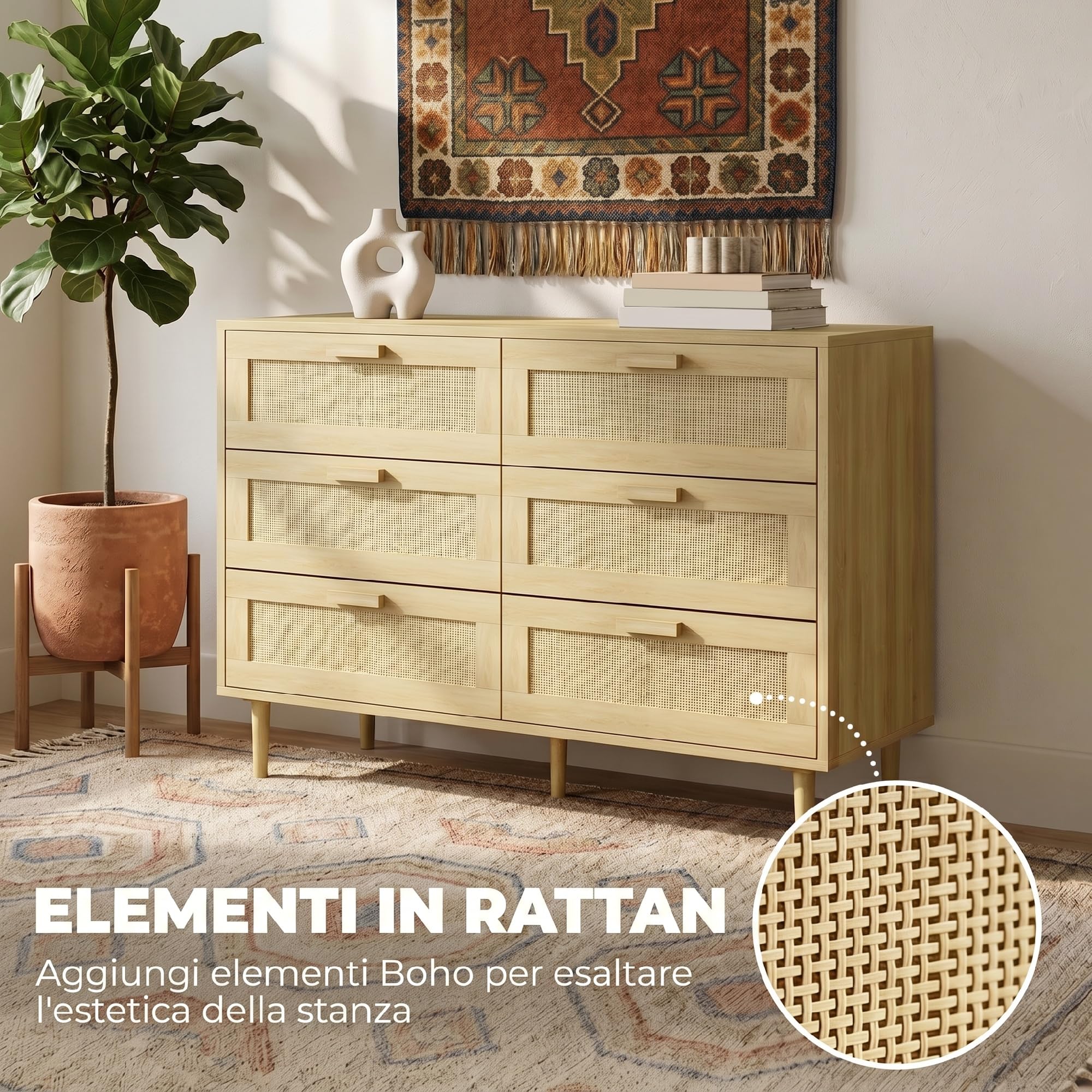 HOMCOM Cómoda 6 Cajones con Frontal de Ratán Dormitorio 110x40x75 cm Roble | Patas de Madera, Cajonera para Salón, Oficina, Estilo Bohemio