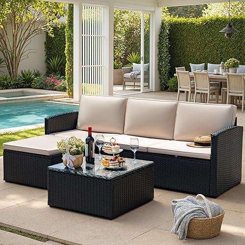 Miniatura 2 de Devoko Juego de 4 piezas para conversación de patio, muebles de exterior de ratán de polietileno, sofá seccional ajustable para todo tipo de clima