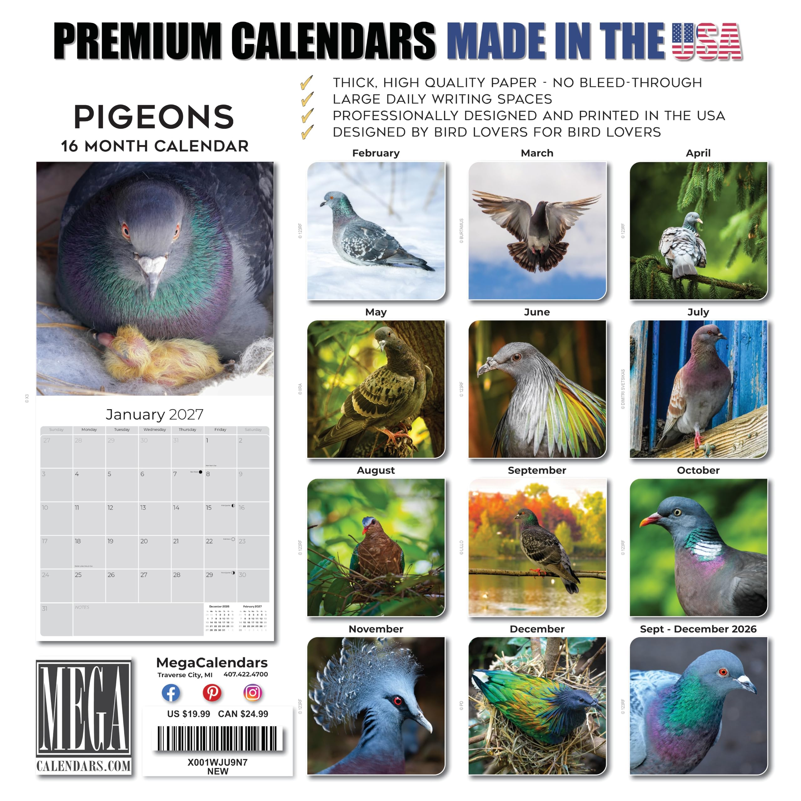 2027 Tauben – Vogelbeobachter Monats-Wandkalender, 16 Monate, 30,5 x 61 cm, dickes Papier, kein Ausbluten, großes Raster, begabbarer Tierkalender für Lehrer, Zuhause, Büro, hergestellt in den USA