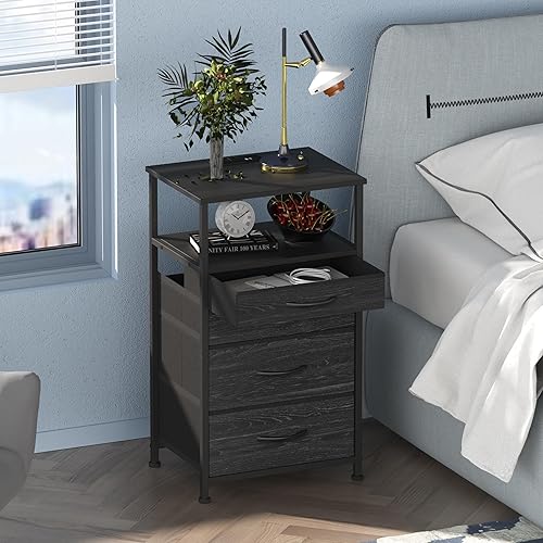 Simoretus Mesita de noche con estación de carga con luz LED y 4 cajones, moderna mesita de noche con estante de almacenamiento para sala de estar,