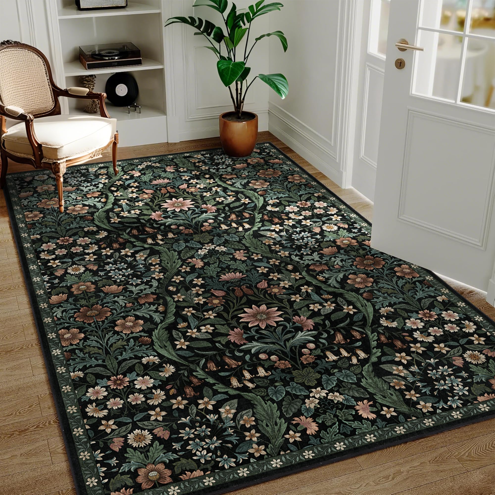 Photo 1 of 4x6 Black Floral Boho Area Rug,Low-Pile Stain Resistant Non-Slip Machine Washable Carpet for Living Room,Bedroom, Kitchen,Entryway,Dining Room, Nursery