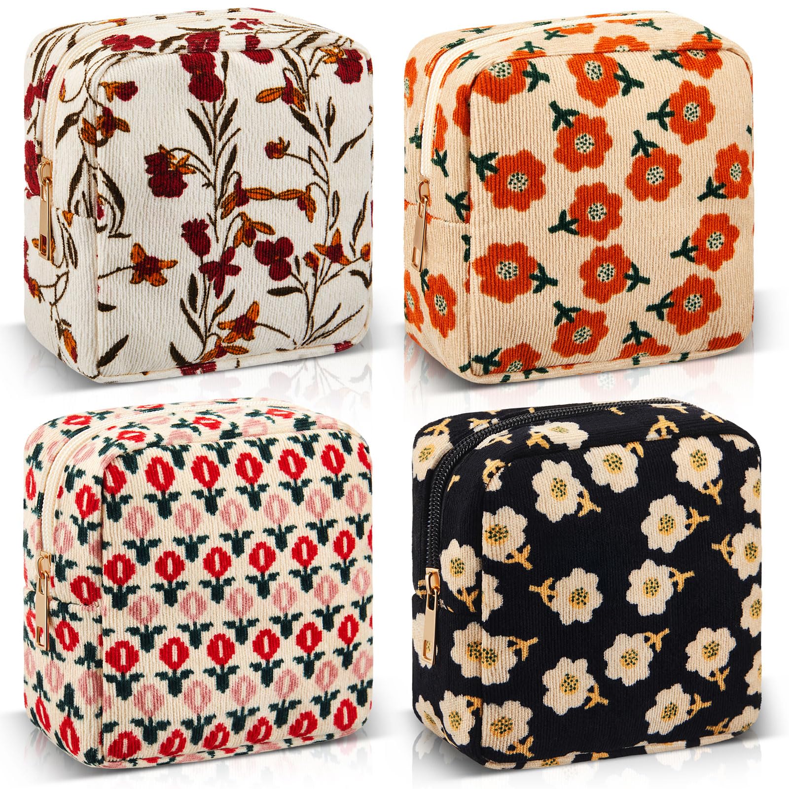 Abbylike 4 Pcs Floral Makeup Bag Cosmetic Bag with Zipper Portable Small Pouches for Purse Toiletry Mini Pouch Cute Mini Makeup Purse for Coin