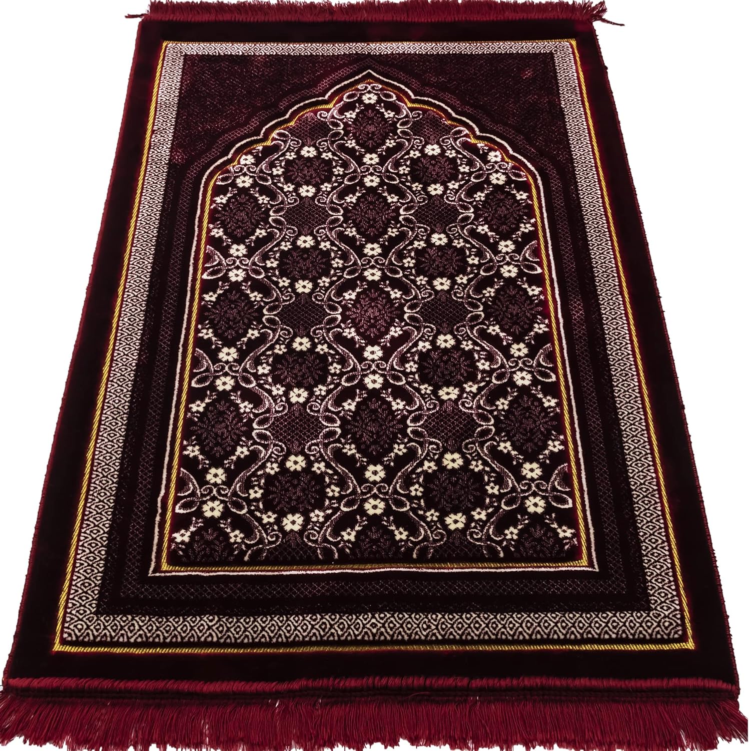 Modefa Turkish Islamic Prayer Rug - Soft Velvet Janamaz Praying Carpet - Comfortable Muslim Praying Mat for Men & Women - Ramadan or Eid Gift - Classic Elegant Swirl (Floral Red)