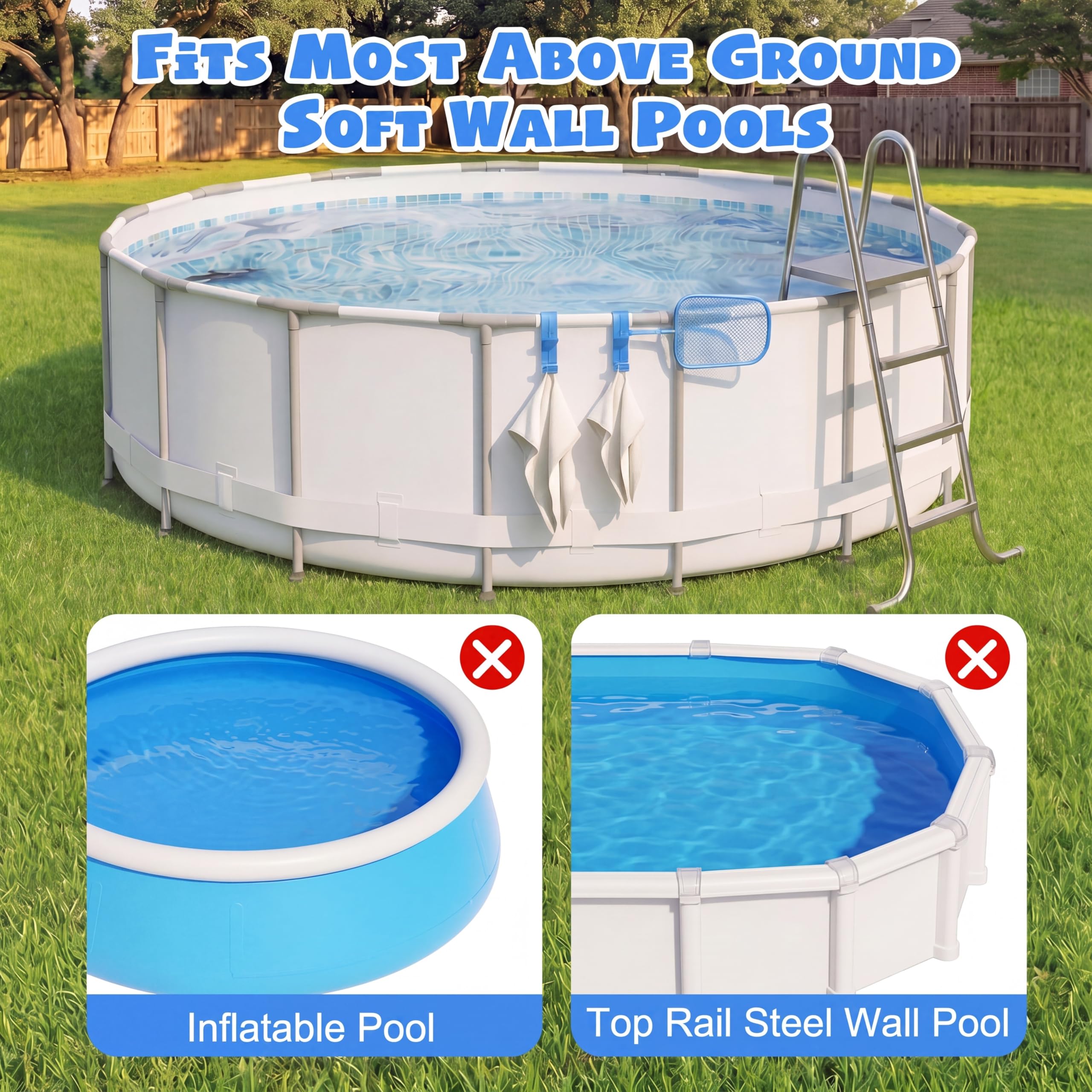 Chumia Confezione da 4 ganci per pali da piscina con 3 ganci, organizer regolabile a bordo piscina, accessori per piscina fuori terra, con asta di supporto per rete skimmer, spazzola, tubo di