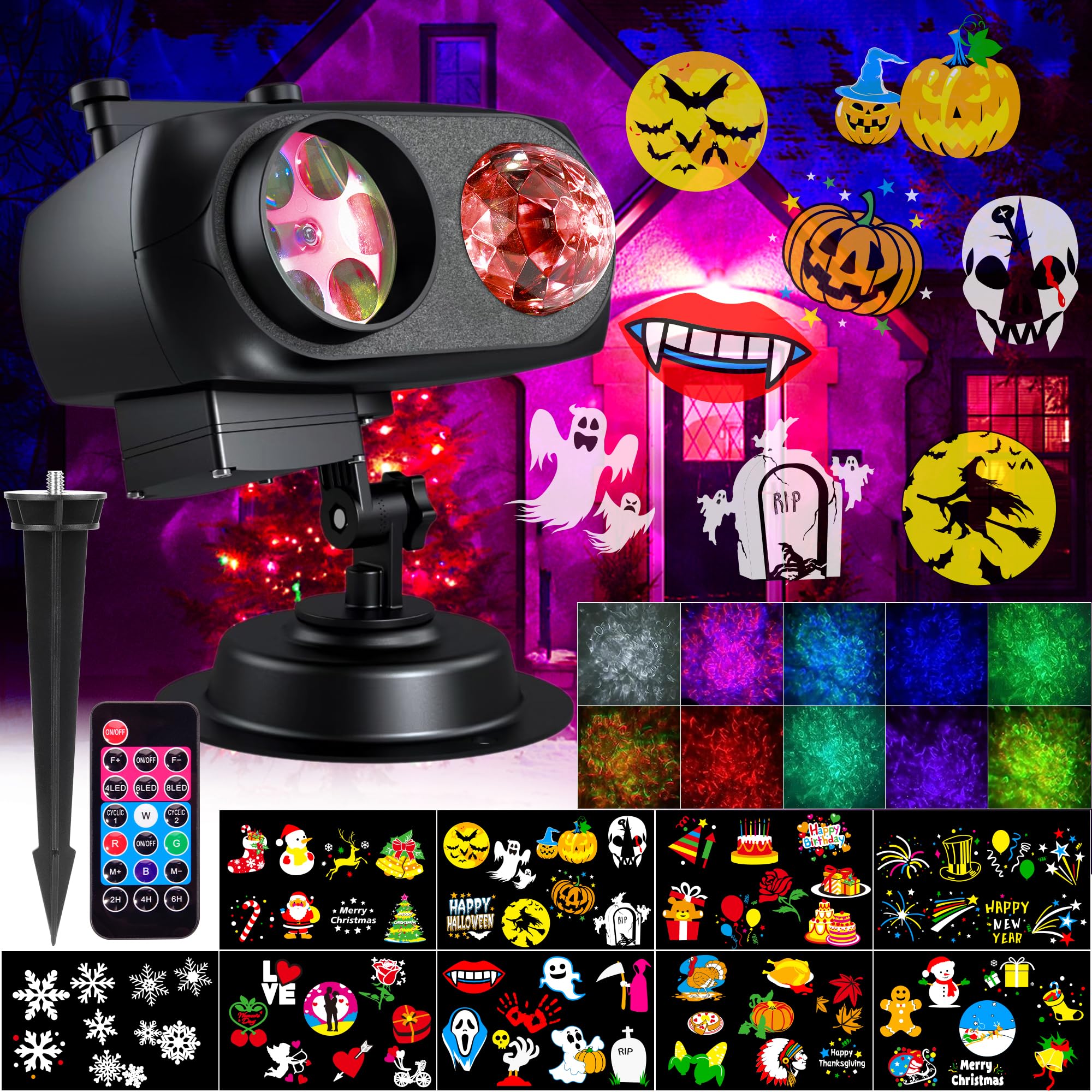 Proyector de luces de Navidad de Halloween para exteriores, luz de proyección navideña mejorada con control remoto, ondas oceánicas 3D y 72 patrones HD, proyector de copo de nieve impermeable