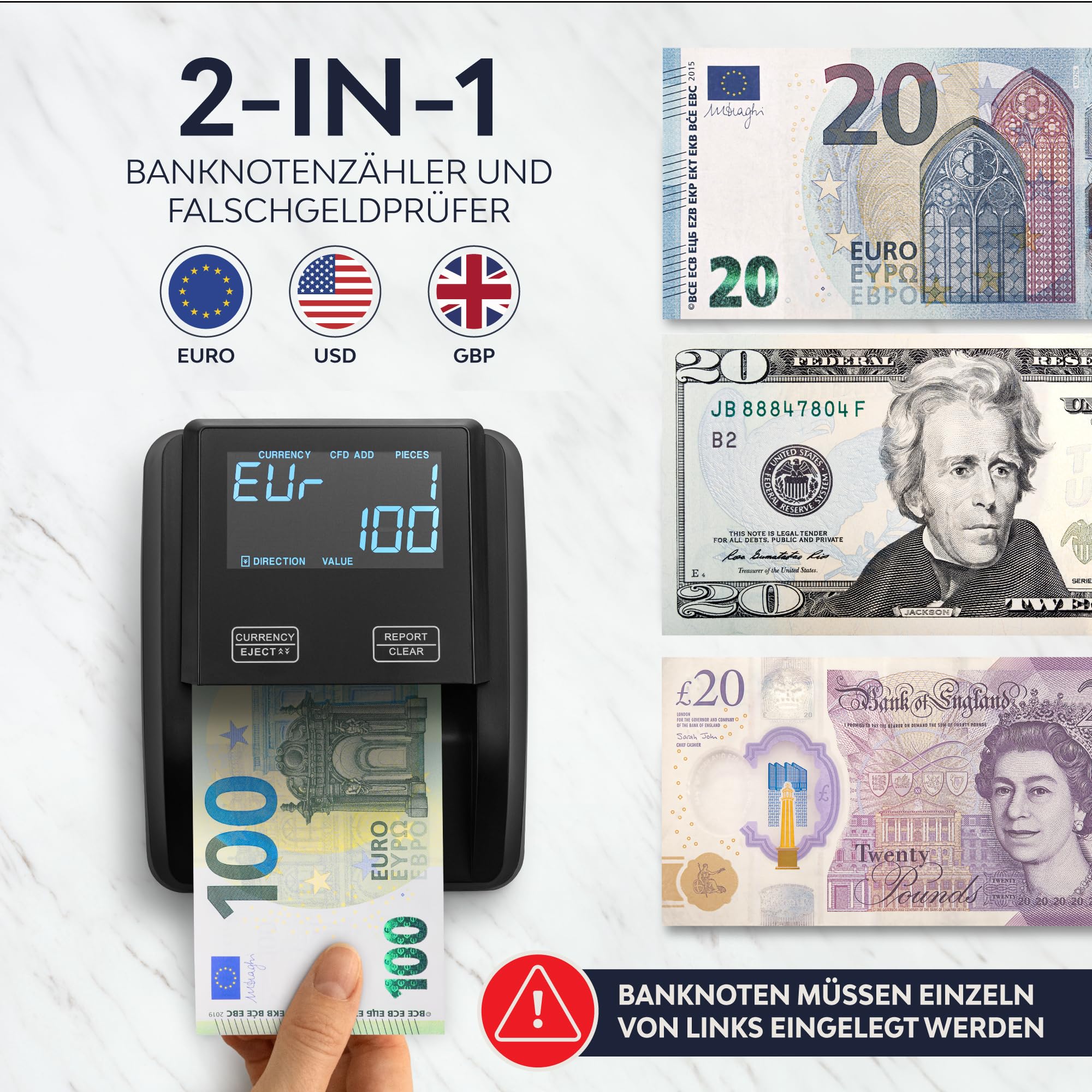 Geldscheinprüfer und Geldzählmaschine 2in1 mit Touchscreen- Einzeln einlegen - Banknotenprüfer Falschgelderkennung mit UV/MG/IR für falsche Euro, Pfund, Dollarscheine - Mobiler Scanner