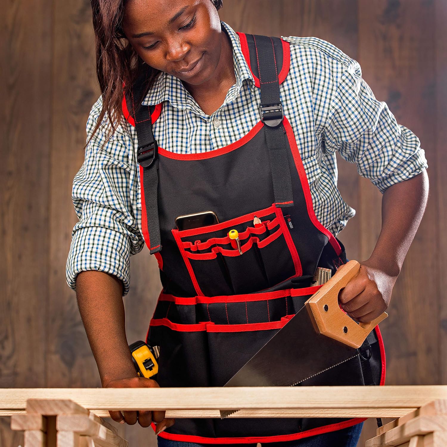 NoCry Heavy Duty Work Apron - 26 Tool Pockets, Tape Measure Holder, D Ring Loop, Black Waterproof Canvas, Adjustable for Men and Women, XXS to 4XL