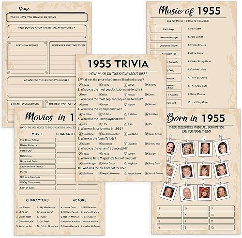 Juegos de fiesta de cumpleaños número 70, paquete de juegos nacidos en 1955, juego de 5 actividades para 10 invitados, suministros de fiesta de