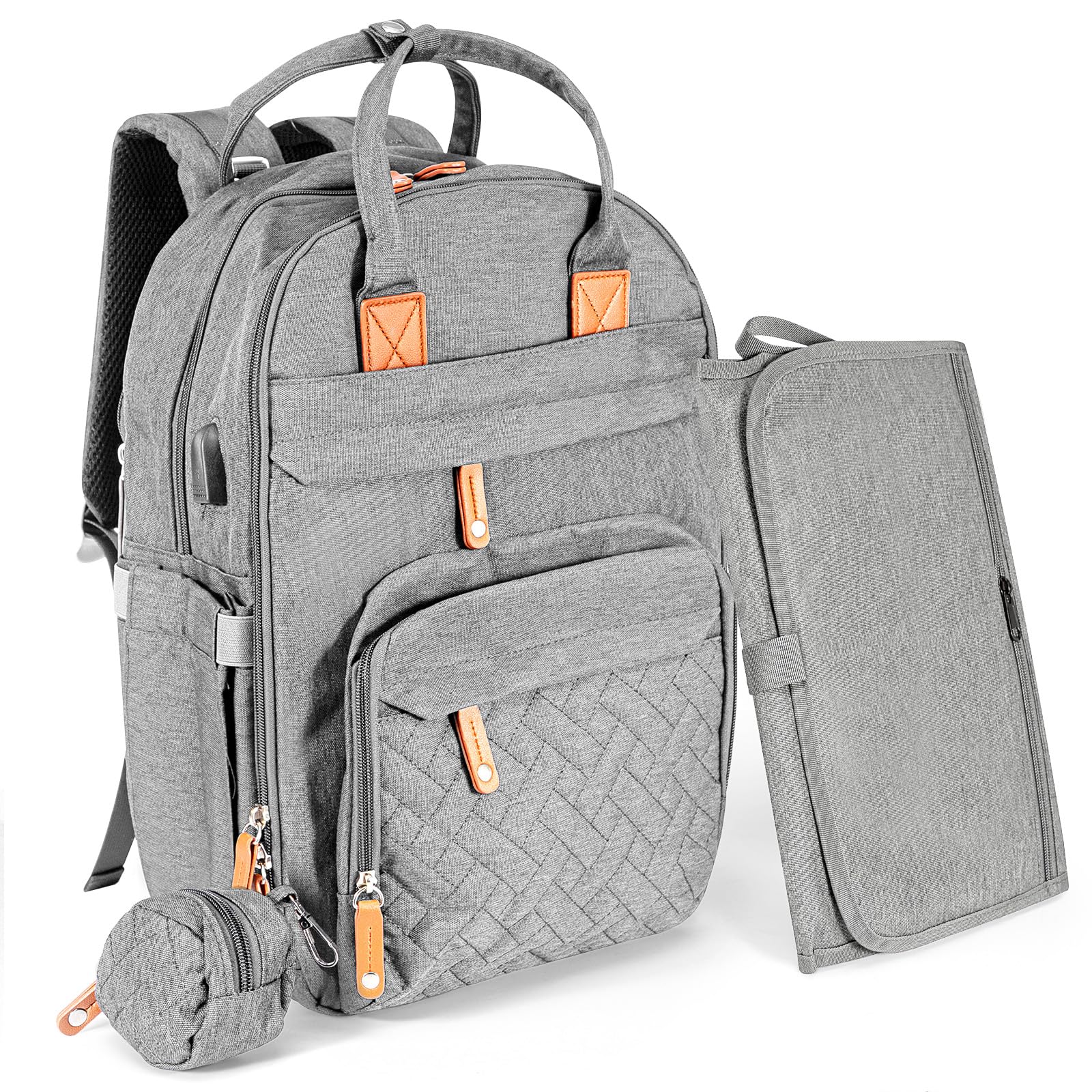 Holdfiturn Baby Changing Bag Backpack, Large Multifunction Nappy Bag with Portable Changing Mat, Pacifier Holder, Insulated Pockets, and Stroller Straps for Mom & Dad (Gray)