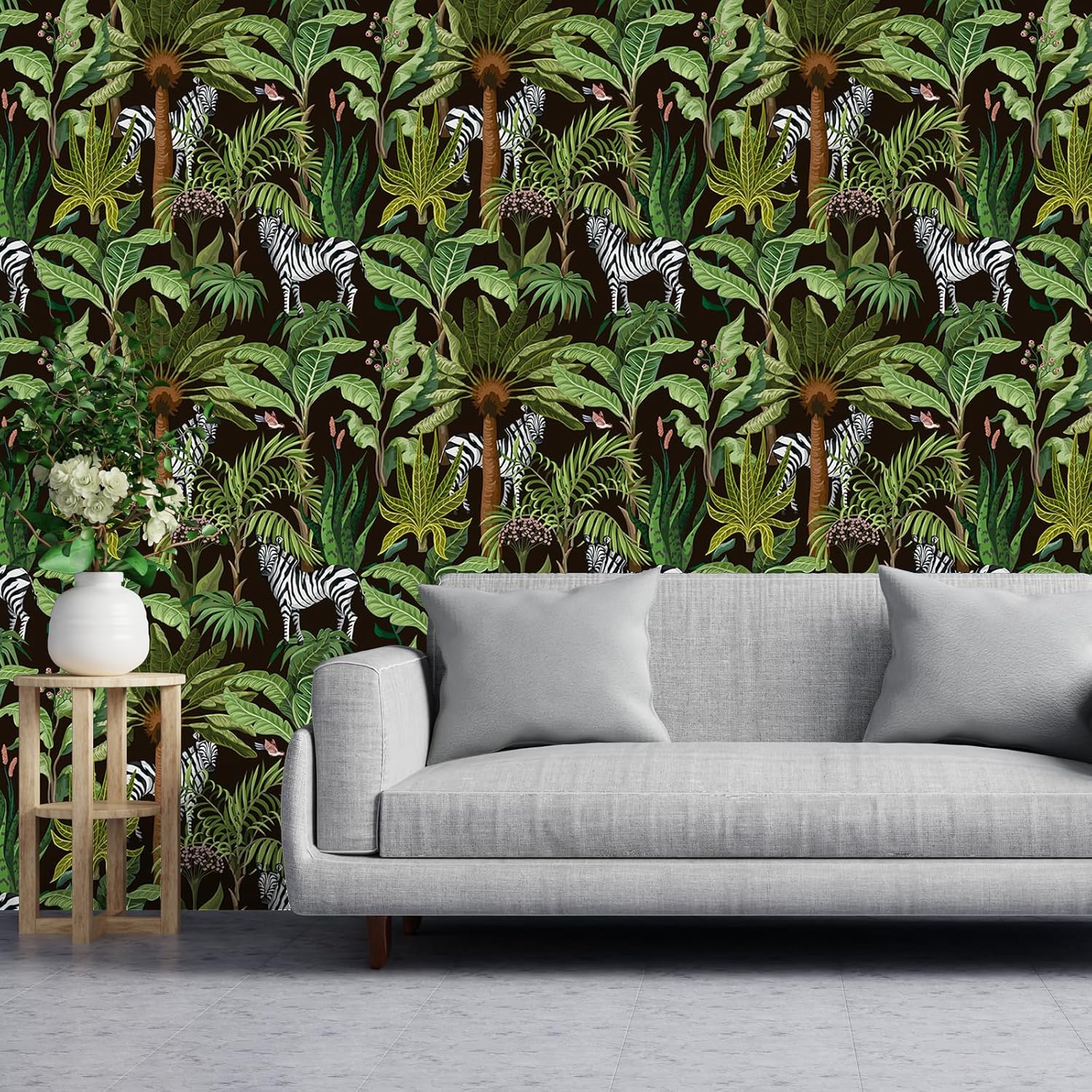 VEELIKE Jungle Peel and Stick Wallpaper - Modern Tropical Palm Trees Zebra Pattern 17.7''x354'' Self Adhesive Forest Wall Decor - Removable Green for Bedroom, Bathroom, Living Room