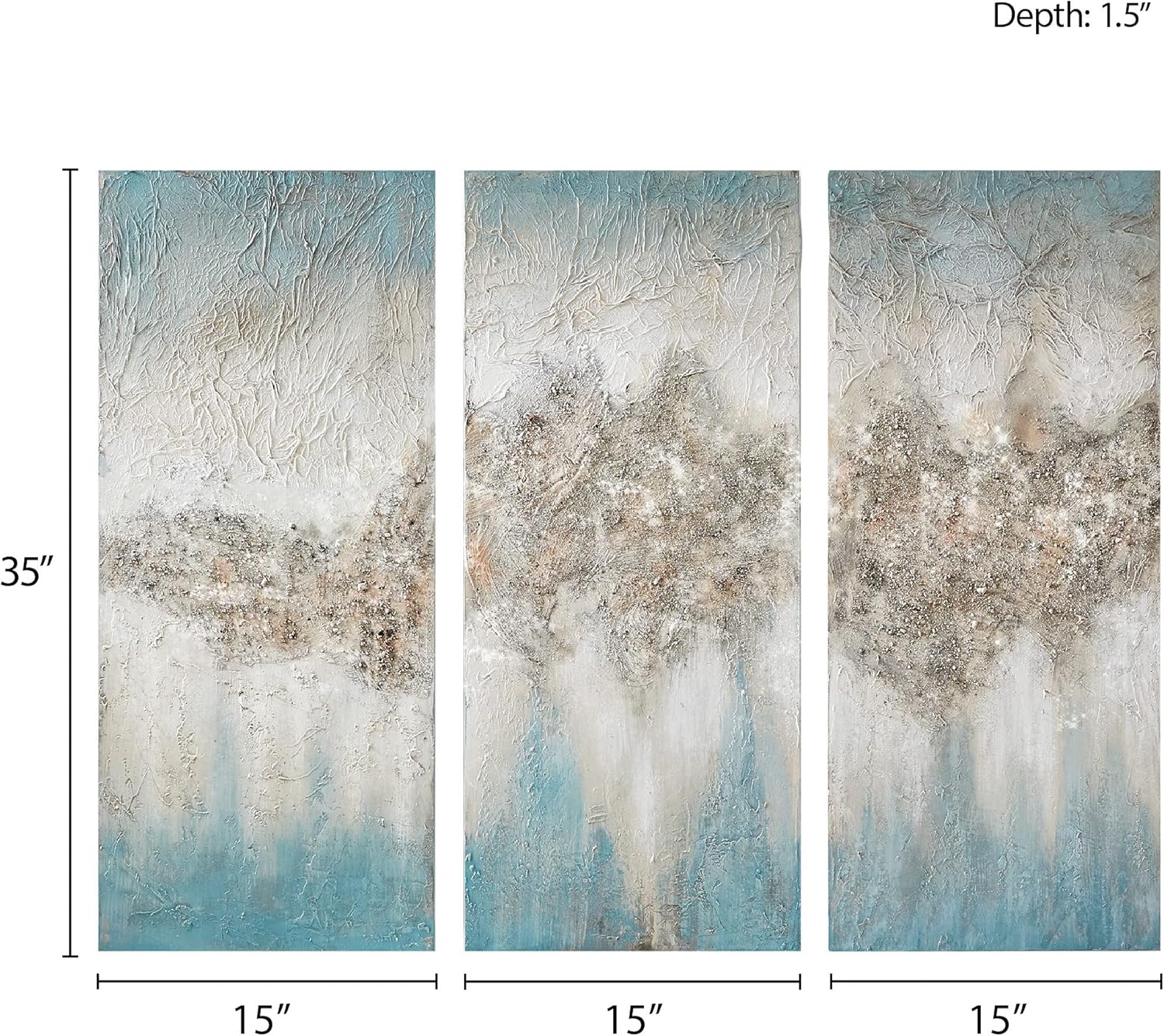 Madison Park Wall Art Living Room Décor - Embellished Hand Painted Canvas, Home Accent Glitter Abstract Bathroom Decoration Ready to Hang Painting for Bedroom, 15W x 35H x 1.5D, Grey 3 Piece