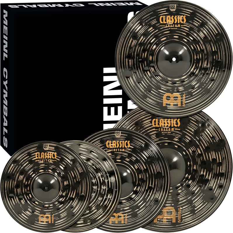Paquete de caja de juego de platillos Meinl con hihats de 14”, Ride de 20”, Crash de 16” y Crash de 18” GRATIS – Classics Custom Dark – Fabricado en Alemania, GARANTÍA DE DOS AÑOS (CCD460+18) | Platillos de bronce B12 de 4 piezas de 14/16/18/20 pulgadas para batería