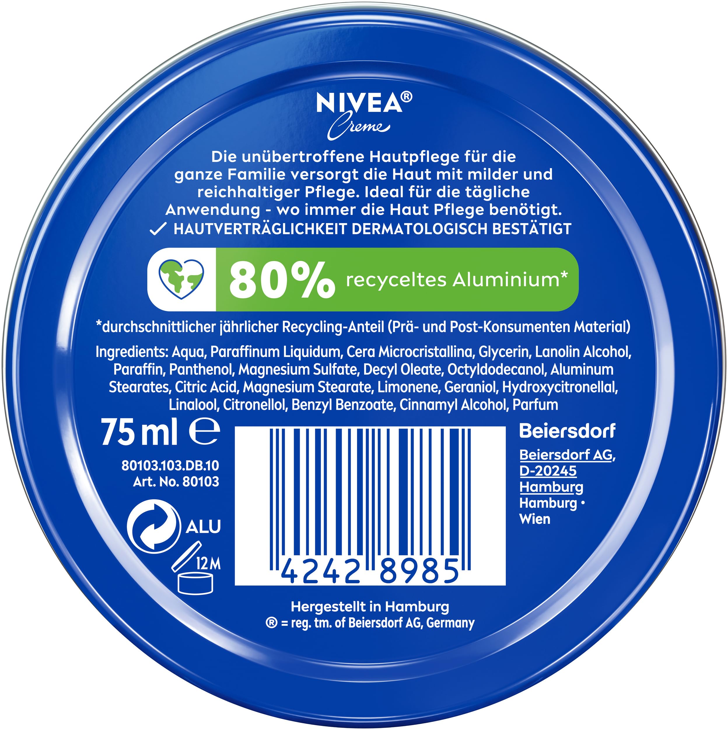 NIVEA Puszka kremowa uniwersalna pielęgnacja, klasyczny krem nawilżający do wszystkich rodzajów skóry, bogata pielęgnacja skóry z eucerytem pokrewnym (75 ml)