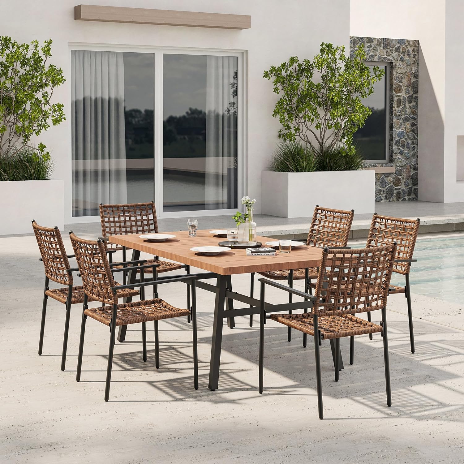 LAUSAINT HOME Outdoor Patio Dining Set 7 Pieces, Outdoor Rattan Dining Table and Chairs Set with Metal Table and Umbrella Hole, Patio Furniture Sets for Garden Backyard Deck Balcony