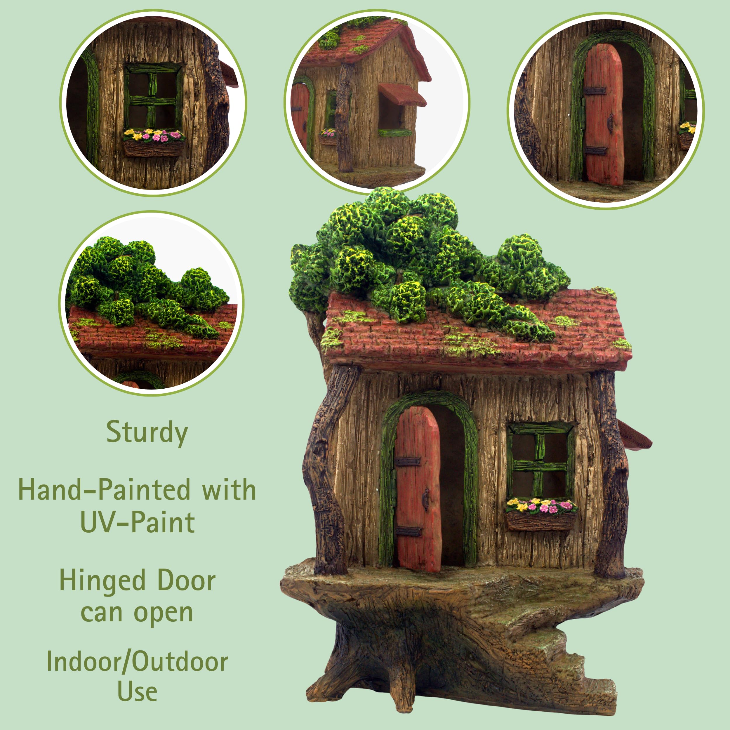 PRETMANNS Kit de casa de jardín de Hadas - Completo con Accesorios, casa de 20 cm de Alto con Puerta Que se Abre y Hadas para Jardines al Aire Libre - 4 Piezas