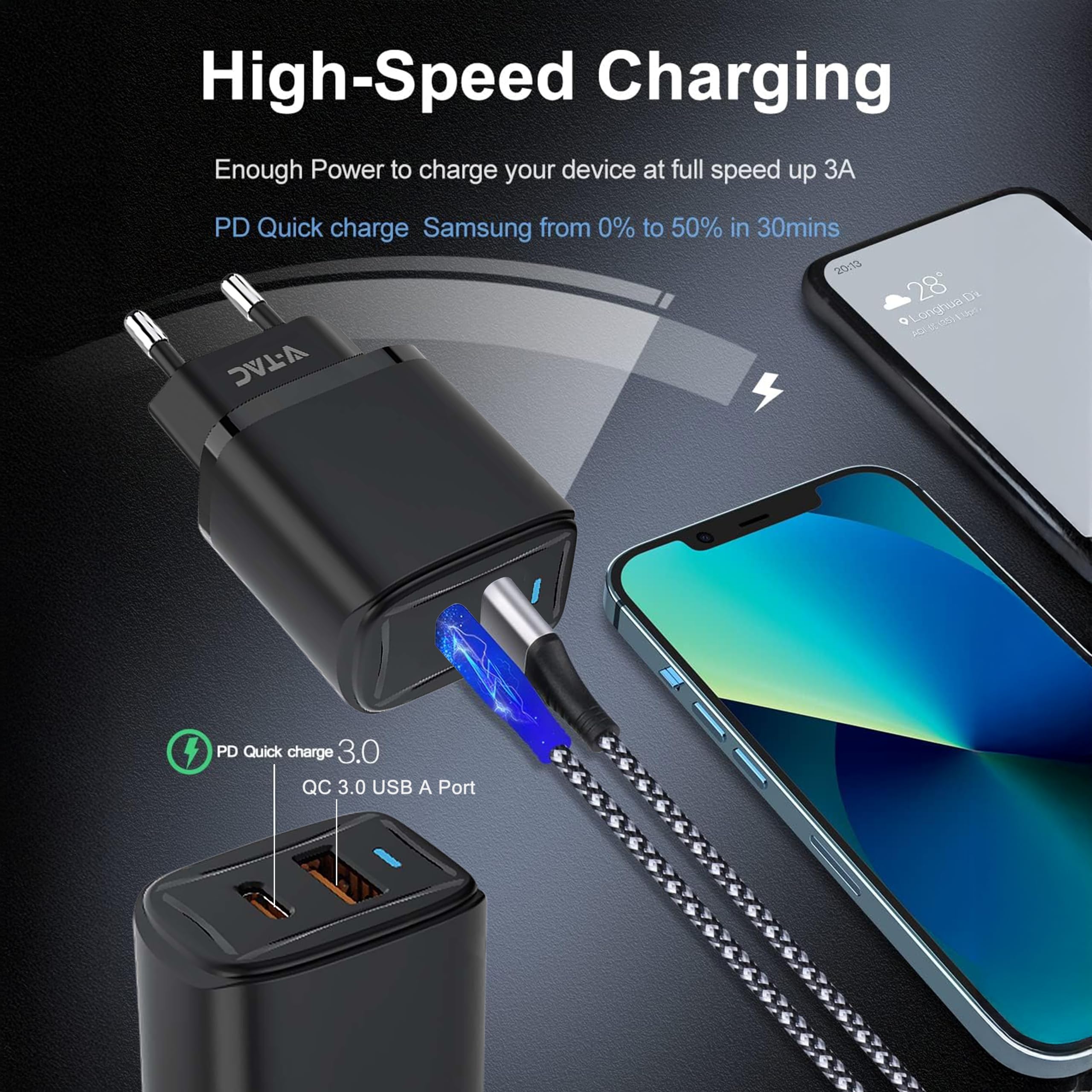 V-TAC Caricatore Rapido USB-C 20W per Iphone e Samsung – [SUPER PICCOLO] - per Smartphone e Dispositivi – 2 Porte: Type C + USB A - Compatibile Iphone 14/15/16/17 PRO/MAX e Galaxy S25 / S26 / A56