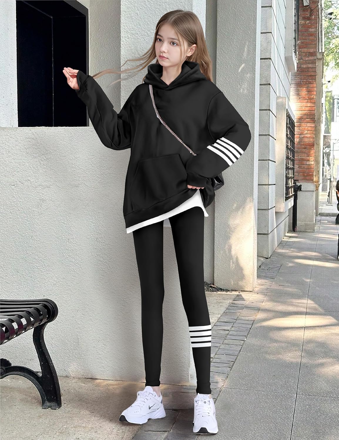NECIOUS Girls Clothes Size 7 8 Girls Fall Outfits Winter 2 Piece Fashion Contrast Stripes Black Hoodie Tops Leggings Pants Kids Clothing Sets - Image 3