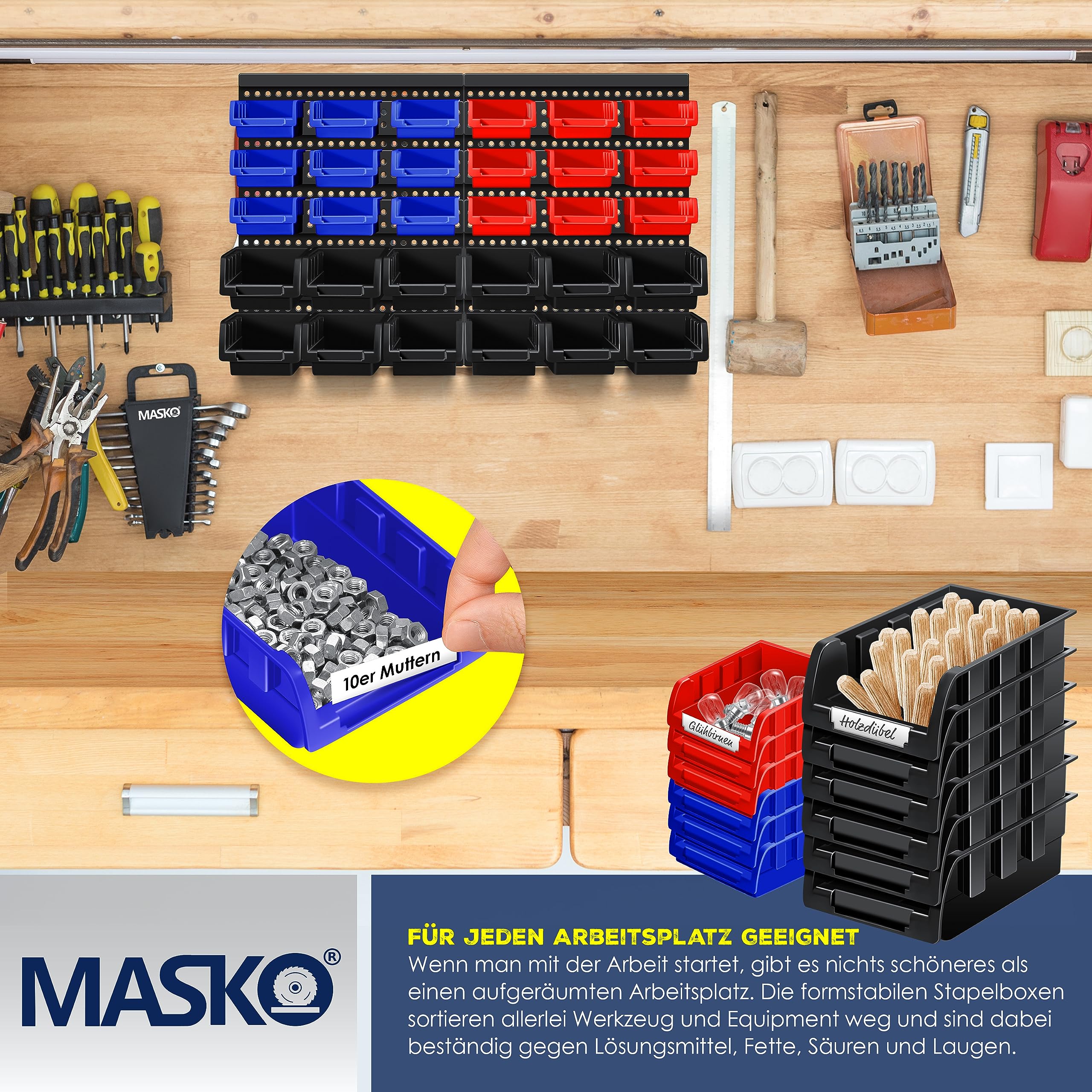 MASKO® Cajas Apilables, Estante de Pared, Cajas de Almacenamiento visibles, Estante Basculante, Estante Enchufable, 32 partes - Negro/Azul/Rojo