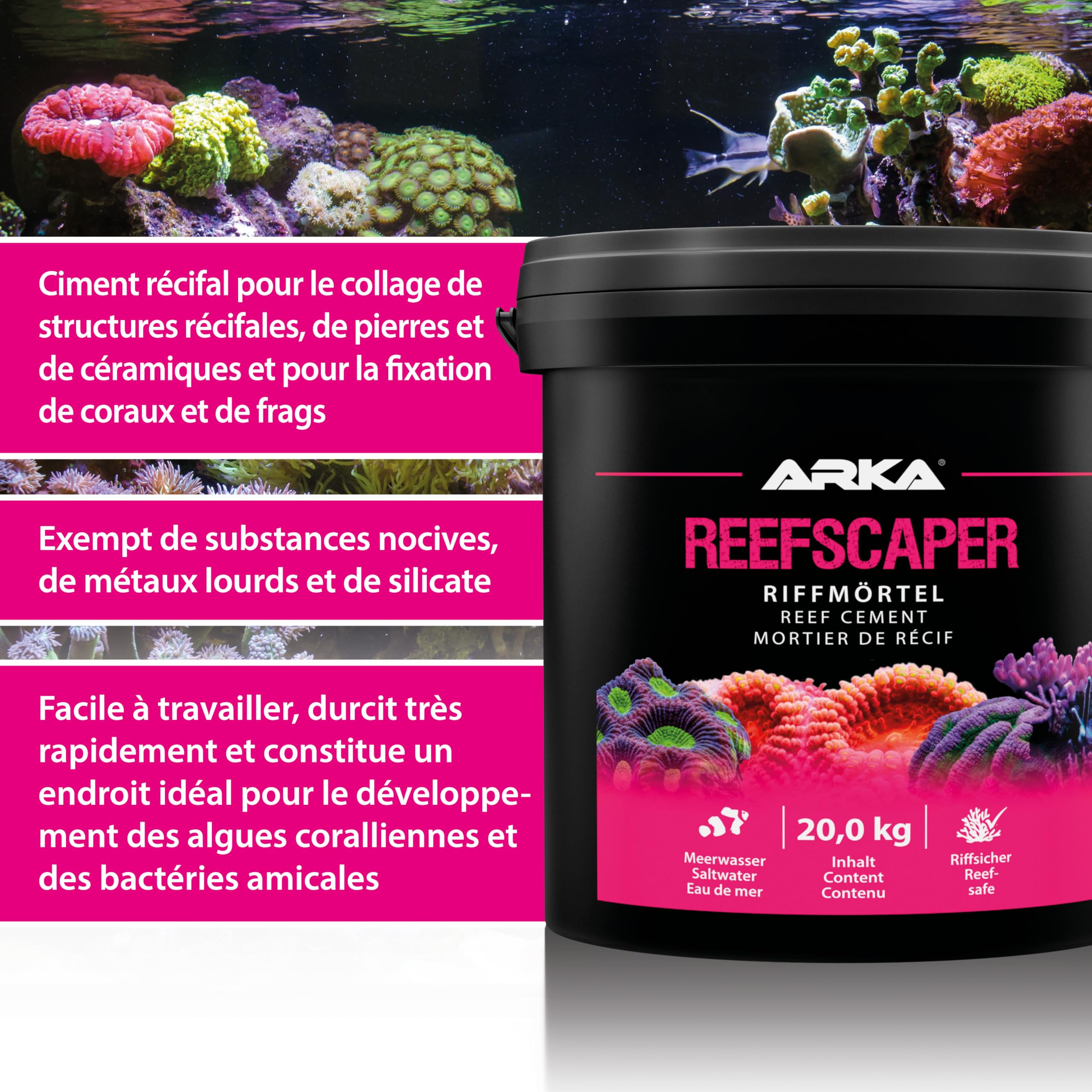 ARKA Reefscaper -Mortier récifal professionnel idéal pour fixer de manière stable les coraux et les structures récifales dans les aquariums d'eau de mer, facile à utiliser