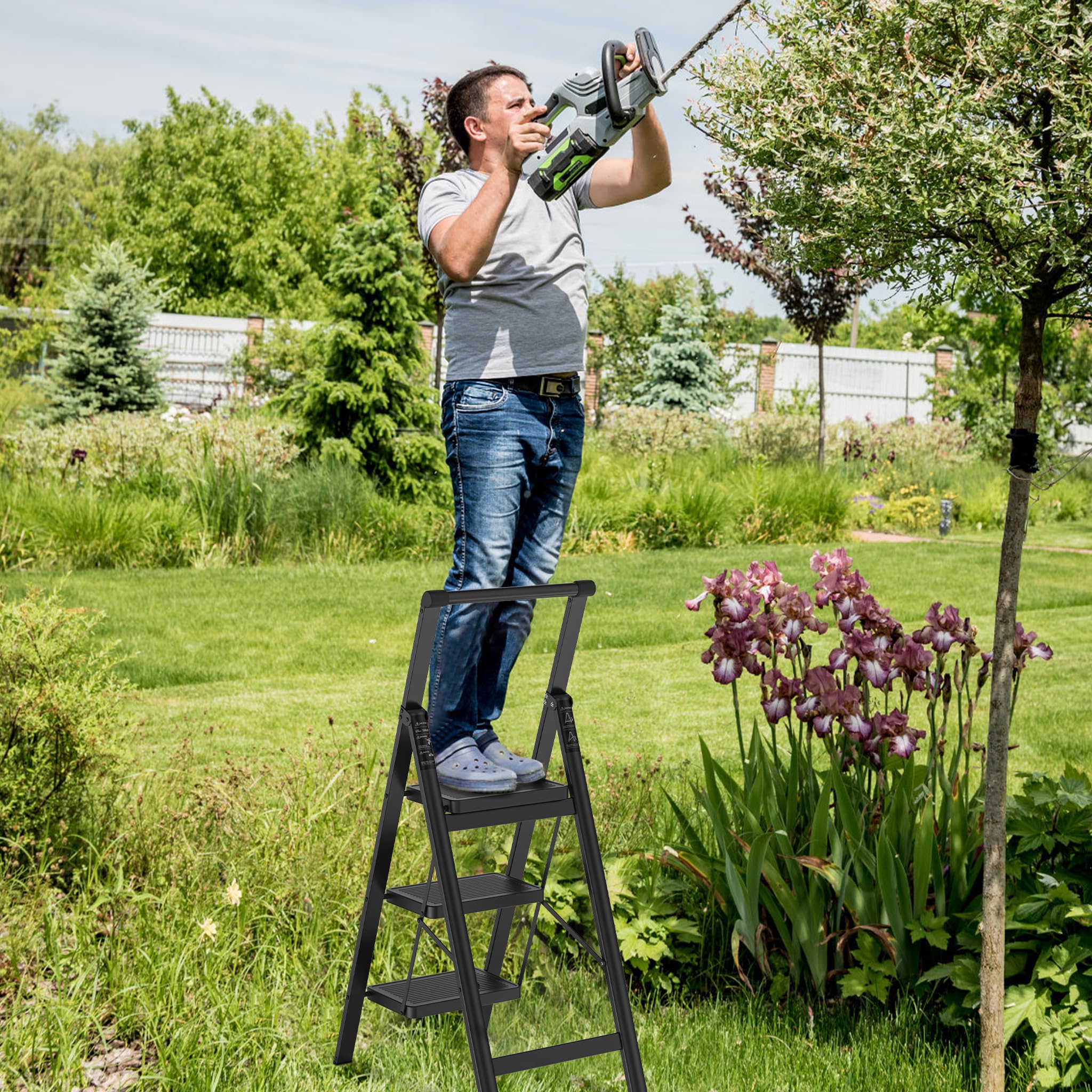 Froadp Trittleiter 3 Stufen Klappbar rutschfeste Stehleiter Eisen Klappleiter Multifunktionale Leiter mit Handlauf Tritthocker Haushaltsleiter für Haus Küche und Außenbereich Belastbar bis 250 kg