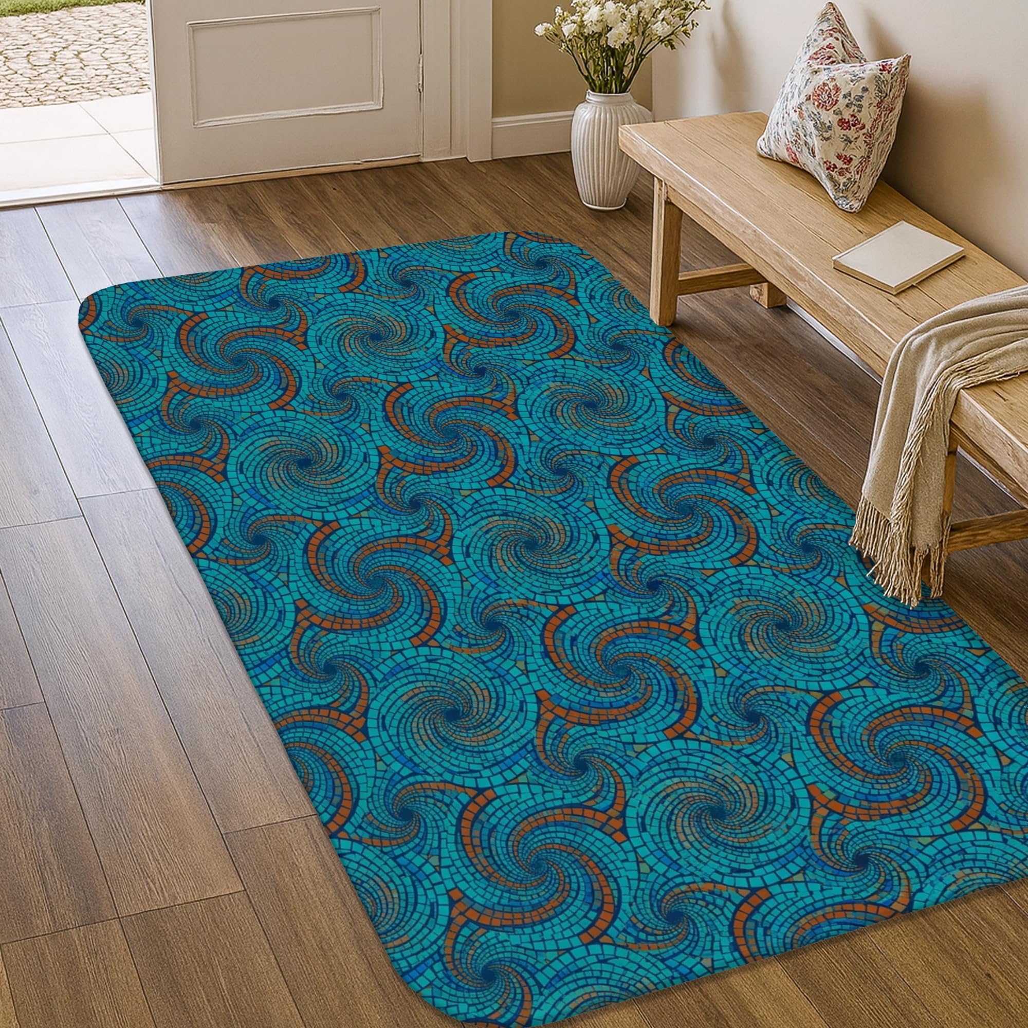 Alfombra turquesa de remolino 3x5 de pelo bajo rectangular para entrada y cocina