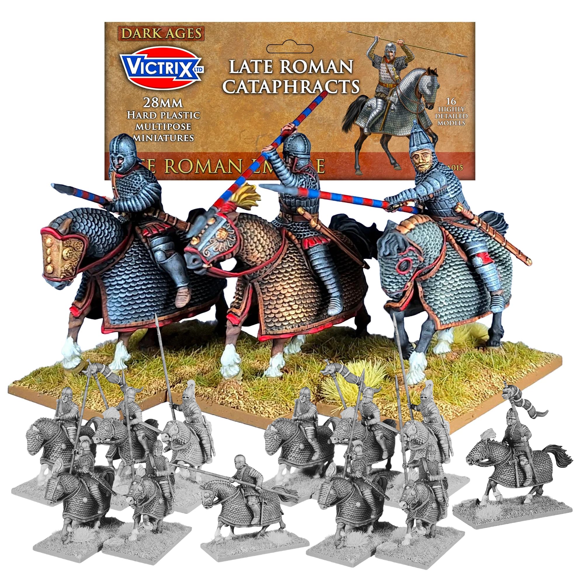 Victrix Late Roman Cataphracts with Bonus Miniature STL Download- 16 Detailed 28mm Heavy Cavalry Miniatures, Riders, Armored Horses, Kontos, Swords & Draco Standard for Wargaming