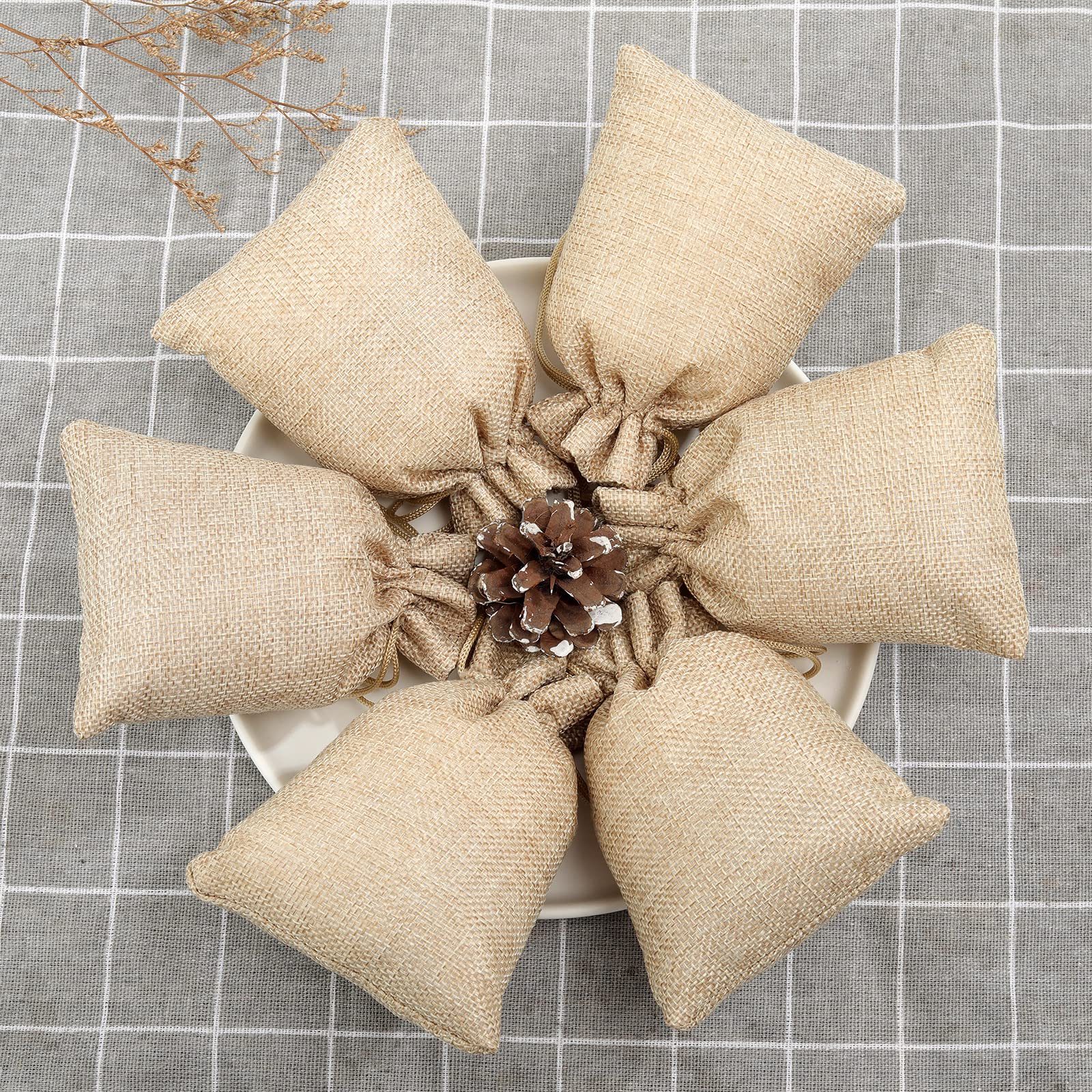 50 Sacchetti in Lino Canapa con Coulisse, Sacchetti Regalo con 50 Etichette Regalo e Corda di