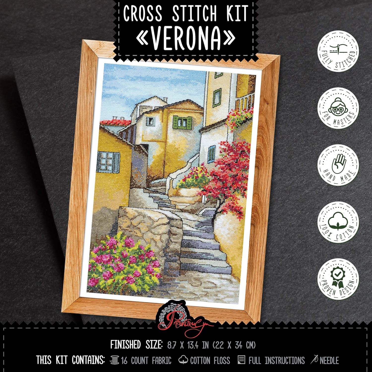 Povitrulya Counted Cross Stitch Kit for Adults 'Verona' - Italy Landscape Embroidery Set for Wall Décor