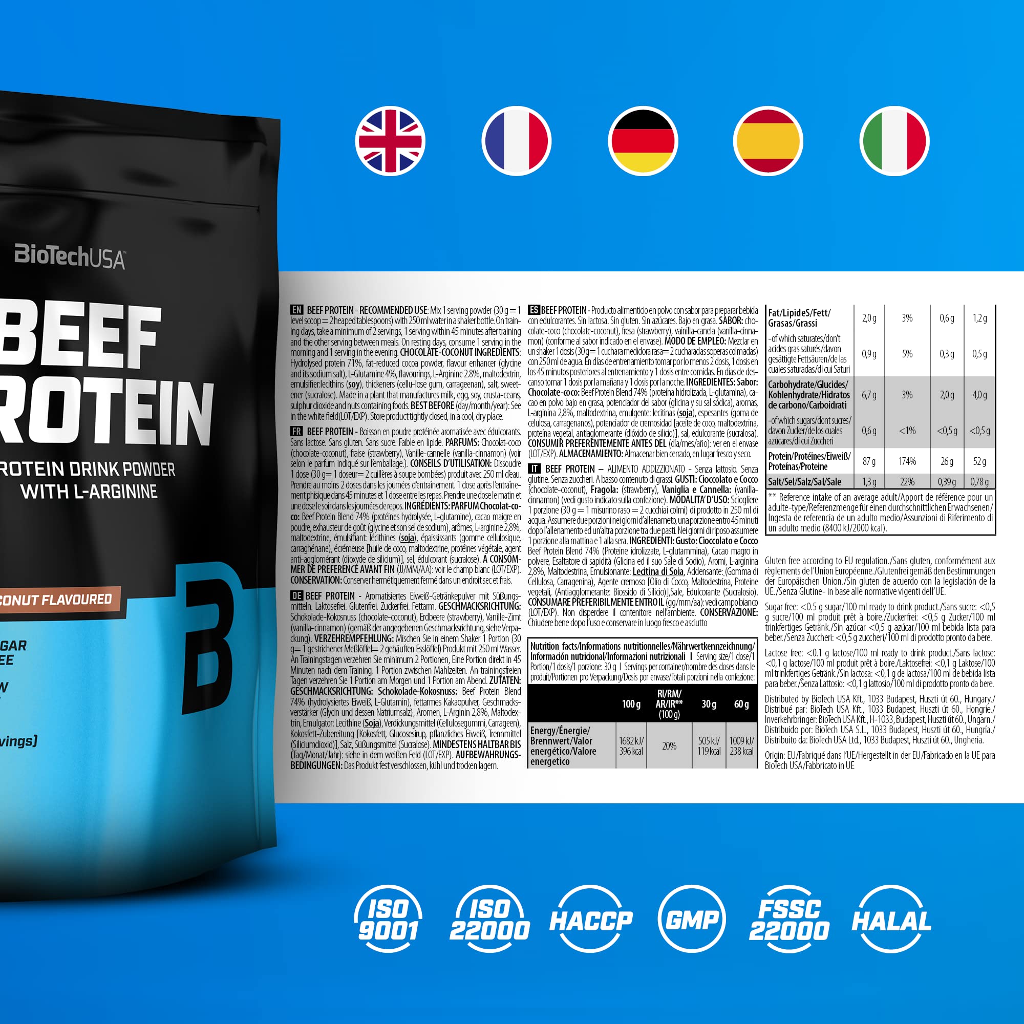 BioTechUSA Beef Protein, Formule à base de peptides de protéines hydrolysées à 87%, sans lactose ni gluten, pauvre en graisses, sans sucre, adaptée au régime paléo, 500 g, Chocolat-Coco